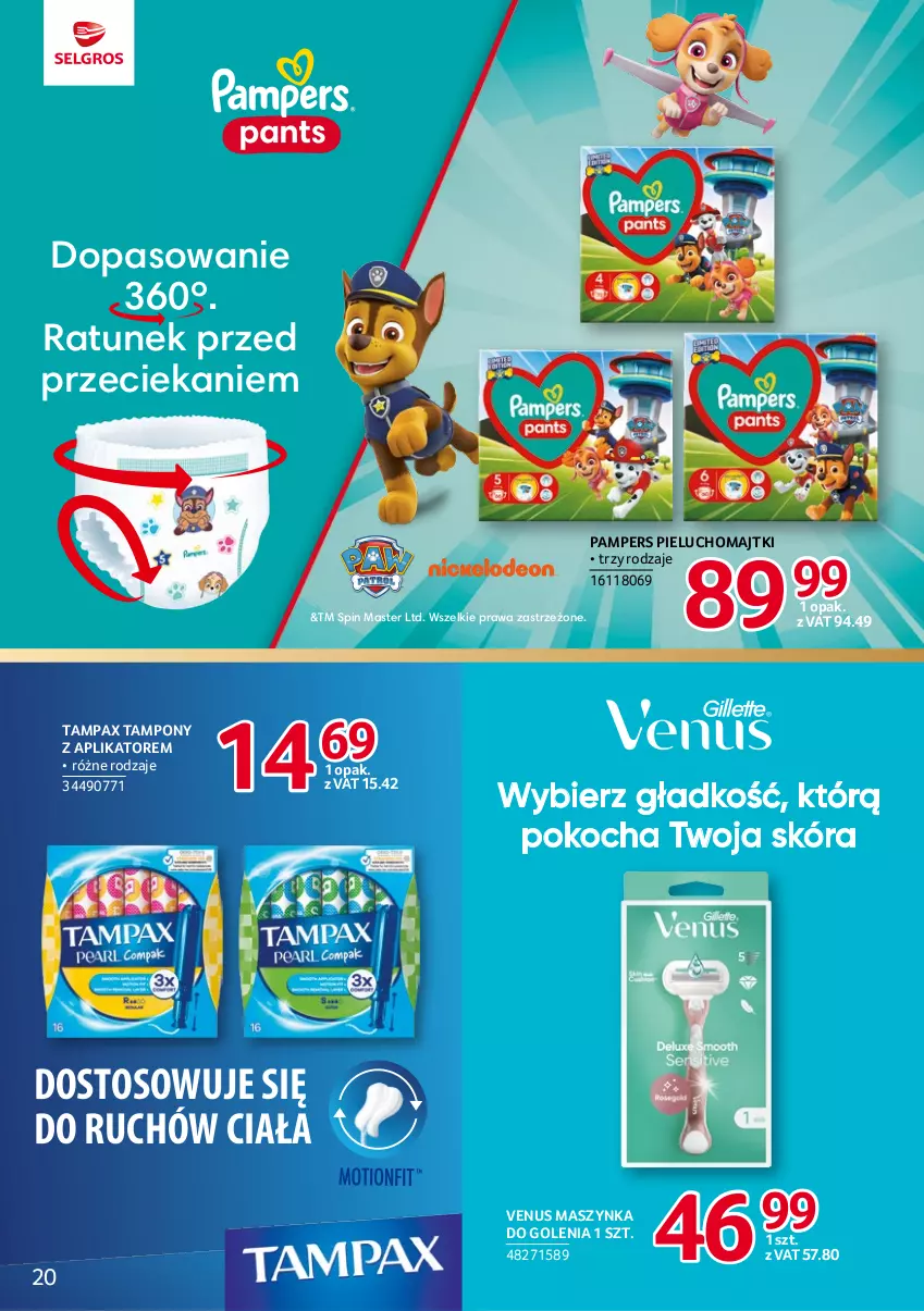 Gazetka promocyjna Selgros - Katalog Markowe Produkty - ważna 18.05 do 01.06.2023 - strona 20 - produkty: Koc, Majtki, Maszynka, Maszynka do golenia, Pampers, Pax, Pieluchomajtki, Szynka, Tampax, Tampony, Venus