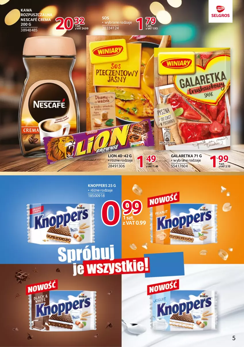 Gazetka promocyjna Selgros - Katalog Markowe Produkty - ważna 18.05 do 01.06.2023 - strona 5 - produkty: Gala, Galaretka, Kawa, Kawa rozpuszczalna, Knoppers, Lion, Nescafé, Sos