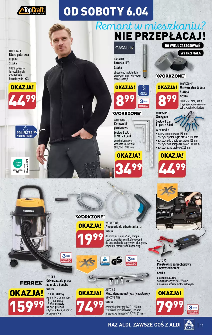 Gazetka promocyjna Aldi - Artykuły przemysłowe i tekstylia - ważna 02.04 do 06.04.2024 - strona 11 - produkty: Akumulator, Bateria, Bluza, Bluza polarowa, Klej, Latarka, Latarka LED, Odkurzacz, Pojemnik, Prostownik, Przewód, Szczypce, Tarka, Top, Uchwyty