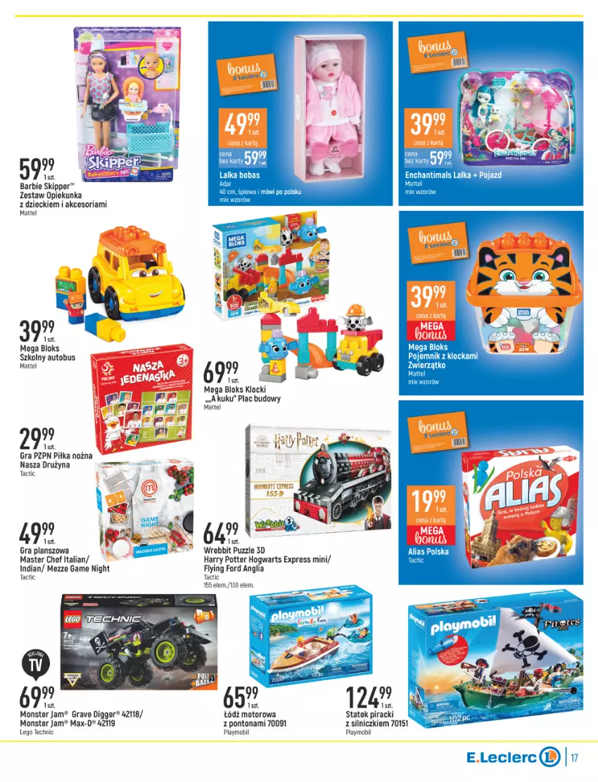 Gazetka promocyjna E Leclerc - ważna 16.11 do 27.11.2021 - strona 17 - produkty: Autobus, Barbie, Gra, Harry Potter, Klocki, LEGO, LEGO Technic, Mattel, Mega Bloks, Mobil, Noż, Piłka nożna, Playmobil, Zestaw opiekunka