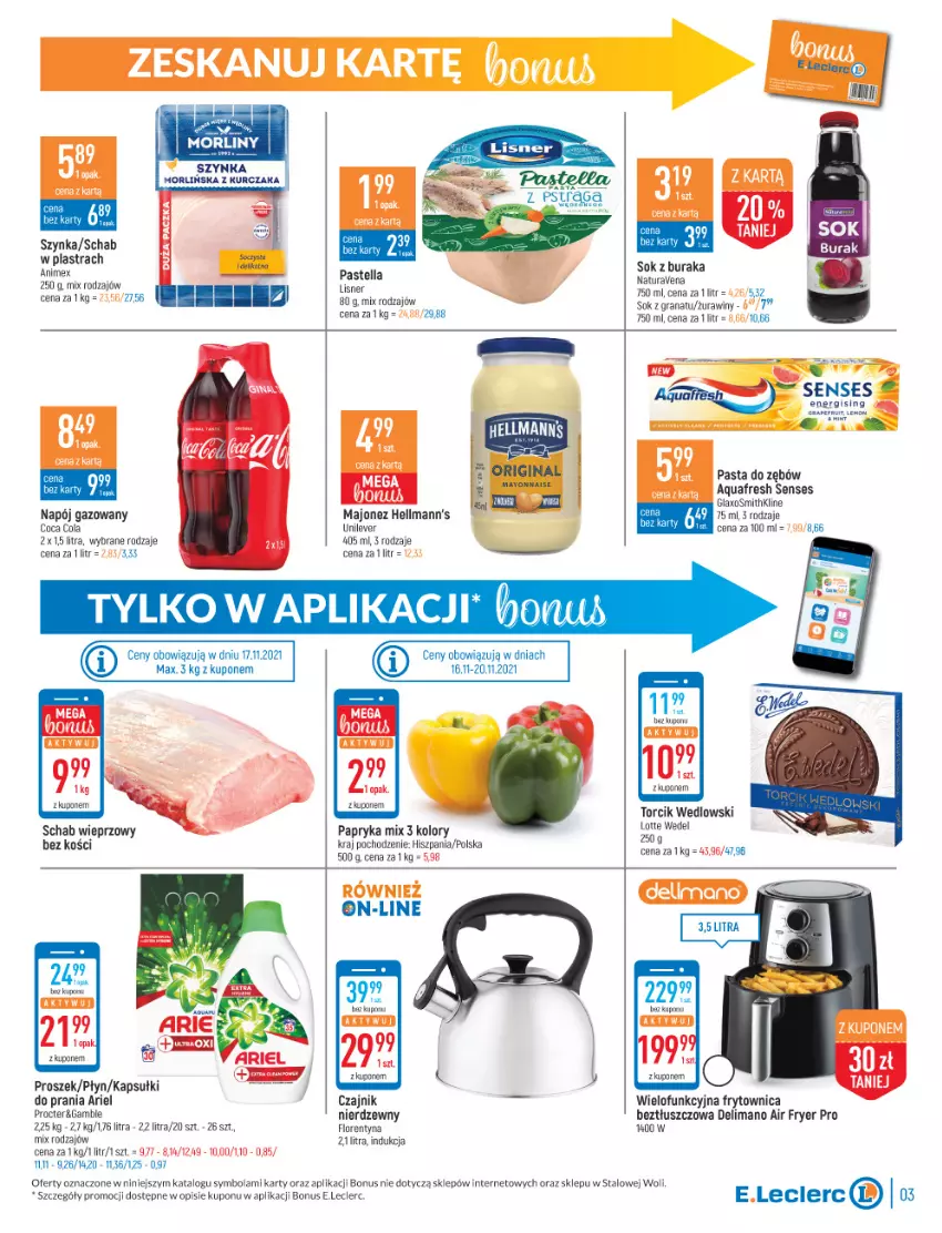 Gazetka promocyjna E Leclerc - ważna 16.11 do 27.11.2021 - strona 3 - produkty: Aquafresh, Ariel, Czajnik, Gra, Granat, Kurczak, Lisner, Majonez, Napój, Napój gazowany, Papryka, Pasta do zębów, Pastella, Por, Schab wieprzowy, Senses, Sok, Szynka