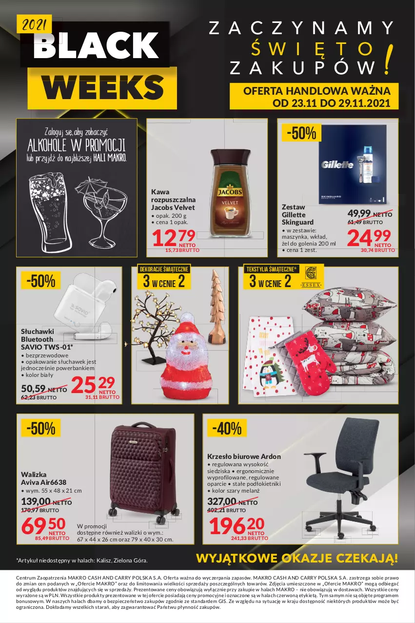 Gazetka promocyjna Makro - [Oferta specjalna] Black Week - ważna 23.11 do 29.11.2021 - strona 1 - produkty: Biuro, Gillette, Gra, Jacobs, Jacobs Velvet, Kawa, Kawa rozpuszczalna, Krzesło, Lack, Maszynka, Piec, Powerbank, Rum, Słuchawki, Słuchawki bluetooth, Sok, Szynka, Velvet, Walizka