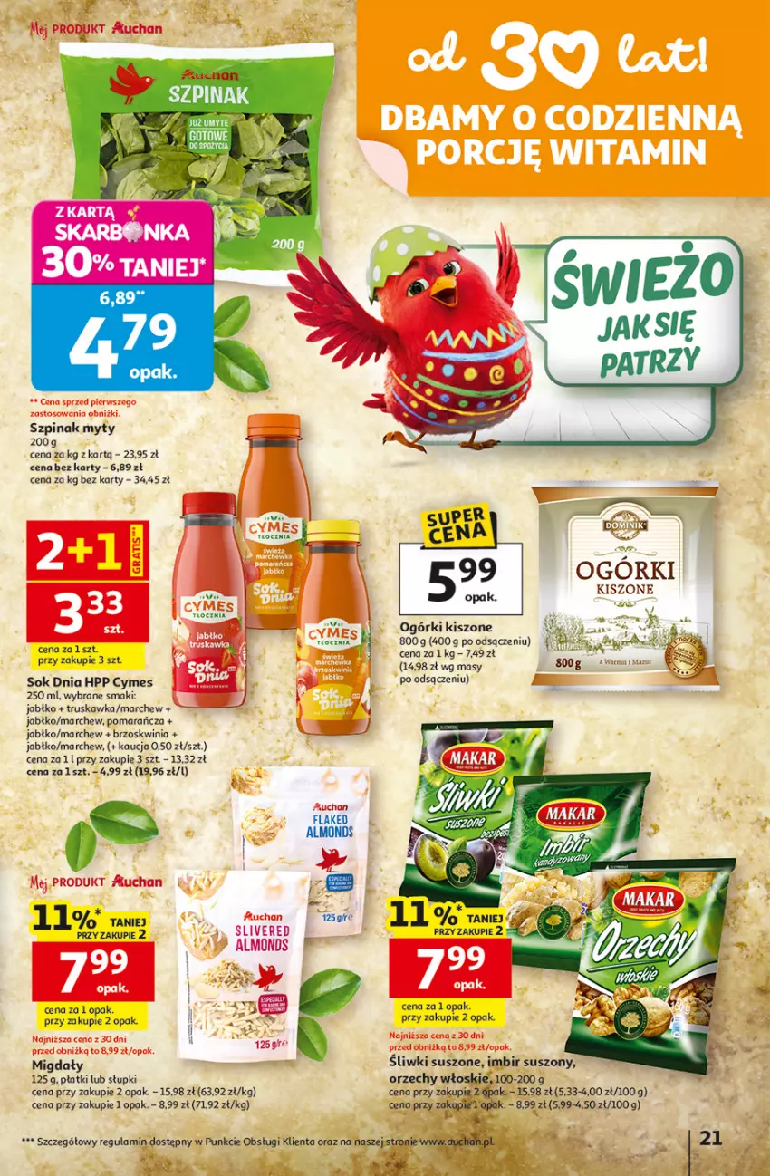 Gazetka promocyjna Auchan - Gazetka 30 Lat Hipermarket Auchan - ważna 12.03 do 18.03.2026 - strona 21 - produkty: HP, Imbir, Migdały, Orzechy włoskie, Sok, Szpinak