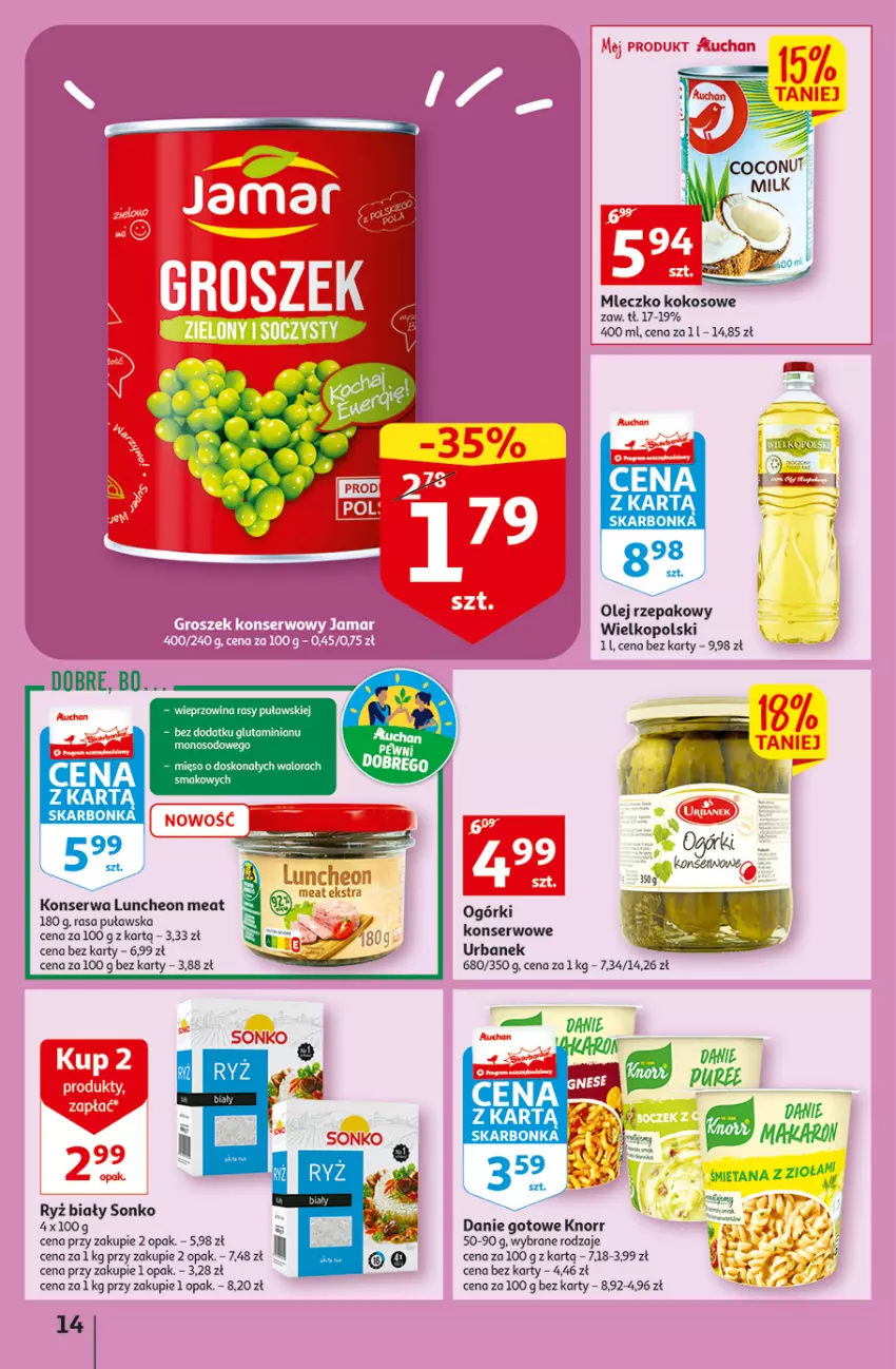 Gazetka promocyjna Auchan - Gazetka Koszyk Oszczędności Auchan Hipermarkety - ważna 03.11 do 09.11.2022 - strona 14 - produkty: Danie gotowe, Knorr, Kokos, Mięso, Mleczko, Olej, Olej rzepakowy, Ryż, Ryż biały, Ser, Sonko, Wieprzowina