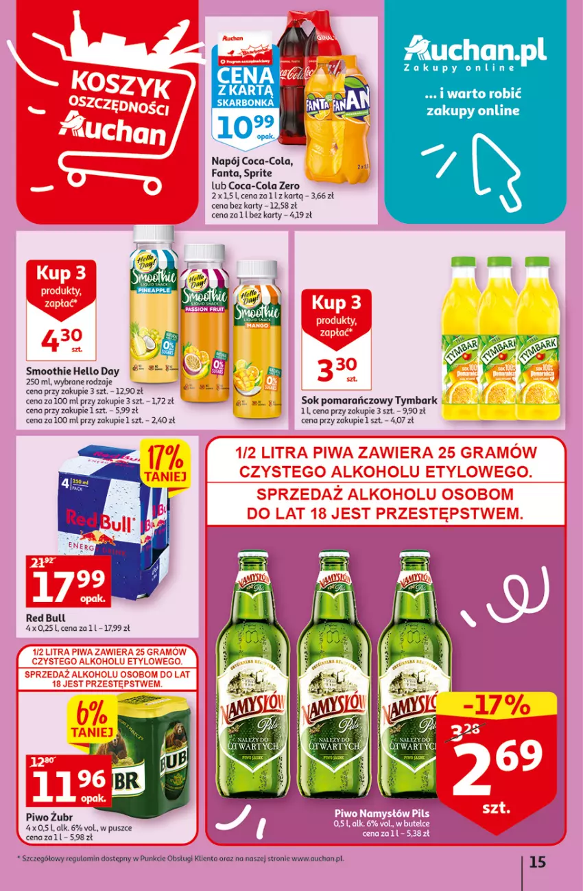 Gazetka promocyjna Auchan - Gazetka Koszyk Oszczędności Auchan Hipermarkety - ważna 03.11 do 09.11.2022 - strona 15 - produkty: Coca-Cola, Fa, Fanta, Napój, Piwo, Red Bull, Smoothie, Sok, Sok pomarańczowy, Sprite, Tymbark