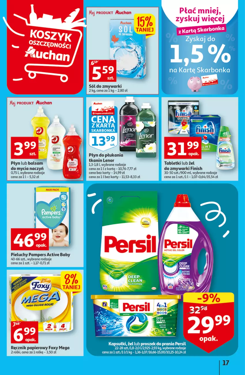 Gazetka promocyjna Auchan - Gazetka Koszyk Oszczędności Auchan Hipermarkety - ważna 03.11 do 09.11.2022 - strona 17 - produkty: Balsam do mycia naczyń, Do mycia naczyń, Finish, Foxy, Lenor, Pampers, Papier, Pieluchy, Płyn do płukania, Ręcznik, Rolki, Sól, Tablet, Zmywarki