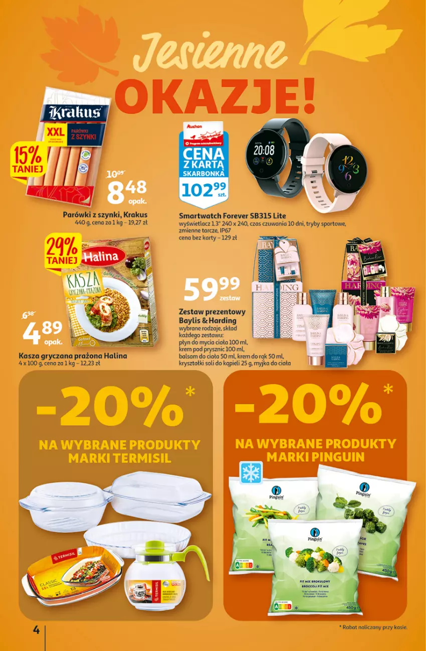 Gazetka promocyjna Auchan - Gazetka Koszyk Oszczędności Auchan Hipermarkety - ważna 03.11 do 09.11.2022 - strona 4 - produkty: Balsam do ciała, Gry, Kasza, Kasza gryczana, Krakus, Krem do rąk, Parówki, Parówki z szynki, Płyn do mycia, Por, Smartwatch, Sport, Zestaw prezentowy