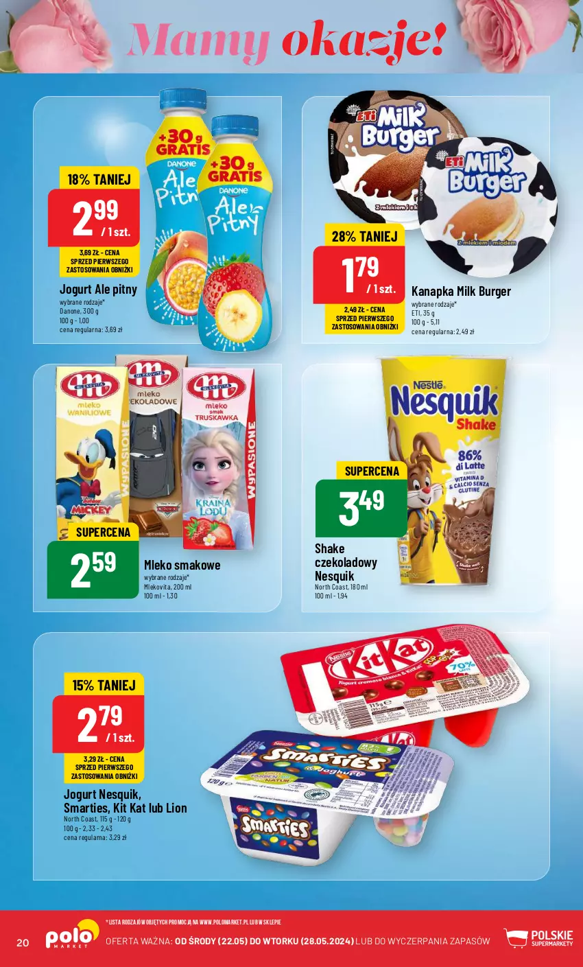 Gazetka promocyjna PoloMarket - Gazetka pomocyjna - ważna 22.05 do 28.05.2024 - strona 20 - produkty: Burger, Danone, Jogurt, Kit Kat, Lion, Mleko, Mleko smakowe, Mlekovita, Nesquik