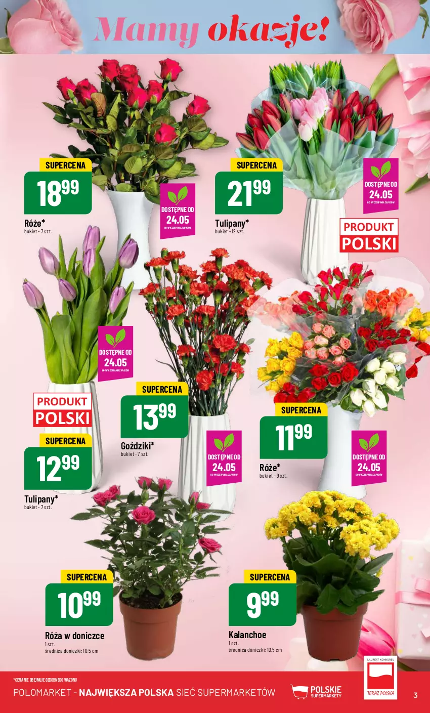 Gazetka promocyjna PoloMarket - Gazetka pomocyjna - ważna 22.05 do 28.05.2024 - strona 3 - produkty: Bukiet, Kalanchoe, Róża, Tulipan, Wazon