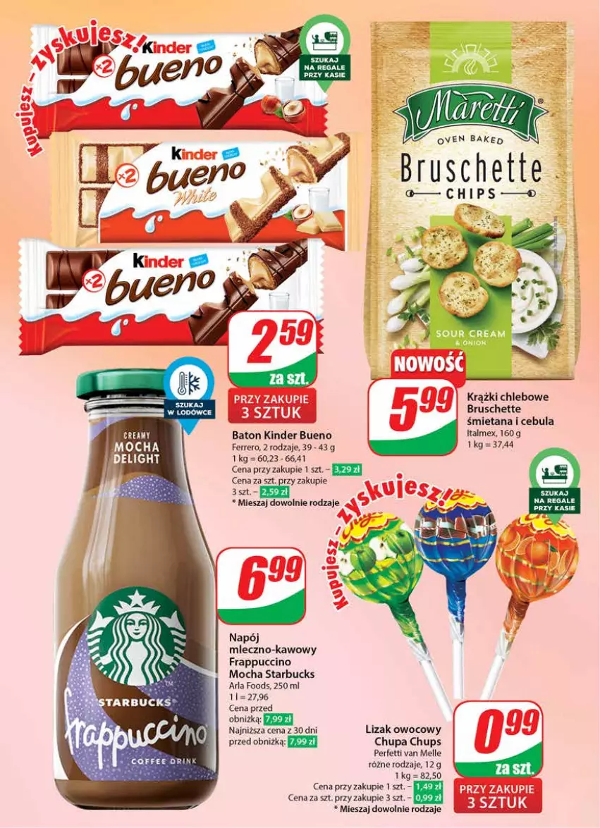 Gazetka promocyjna Dino - Gazetka 16 / 2024 - ważna 17.04 do 23.04.2024 - strona 42 - produkty: Baton, Bruschette, Cebula, Chleb, Chupa Chups, Ferrero, Kinder, Kinder Bueno, Napój