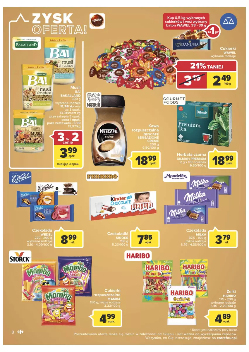 Gazetka promocyjna Carrefour - Gazetka Market - ważna 01.03 do 12.03.2022 - strona 8 - produkty: Bakalland, Cukier, Cukierki, Czekolada, Dilmah, Haribo, Herbata, Herbata czarna, Kawa, Kinder, Kosz, Mamba, Wawel