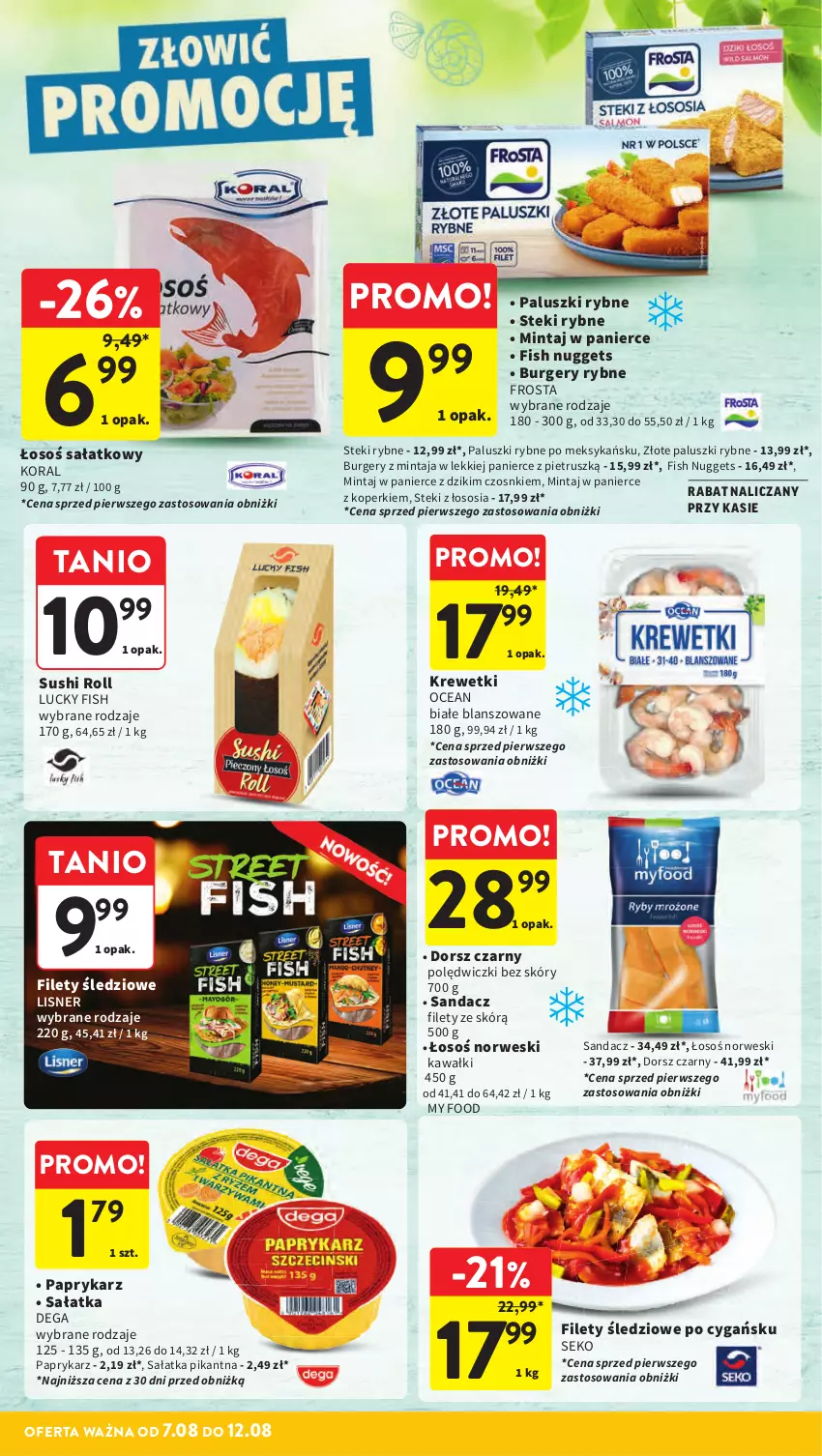 Gazetka promocyjna Intermarche - Gazetka Intermarche - ważna 07.08 do 12.08.2025 - strona 16 - produkty: Burger, Dega, Dorsz, Frosta, Kawa, Krewetki, Lisner, Mintaj, Paluszki rybne, Papryka, Paprykarz, Sałat, Sałatka, Sandacz, Sandacz filet, SEKO, Sos, Stek, Sushi