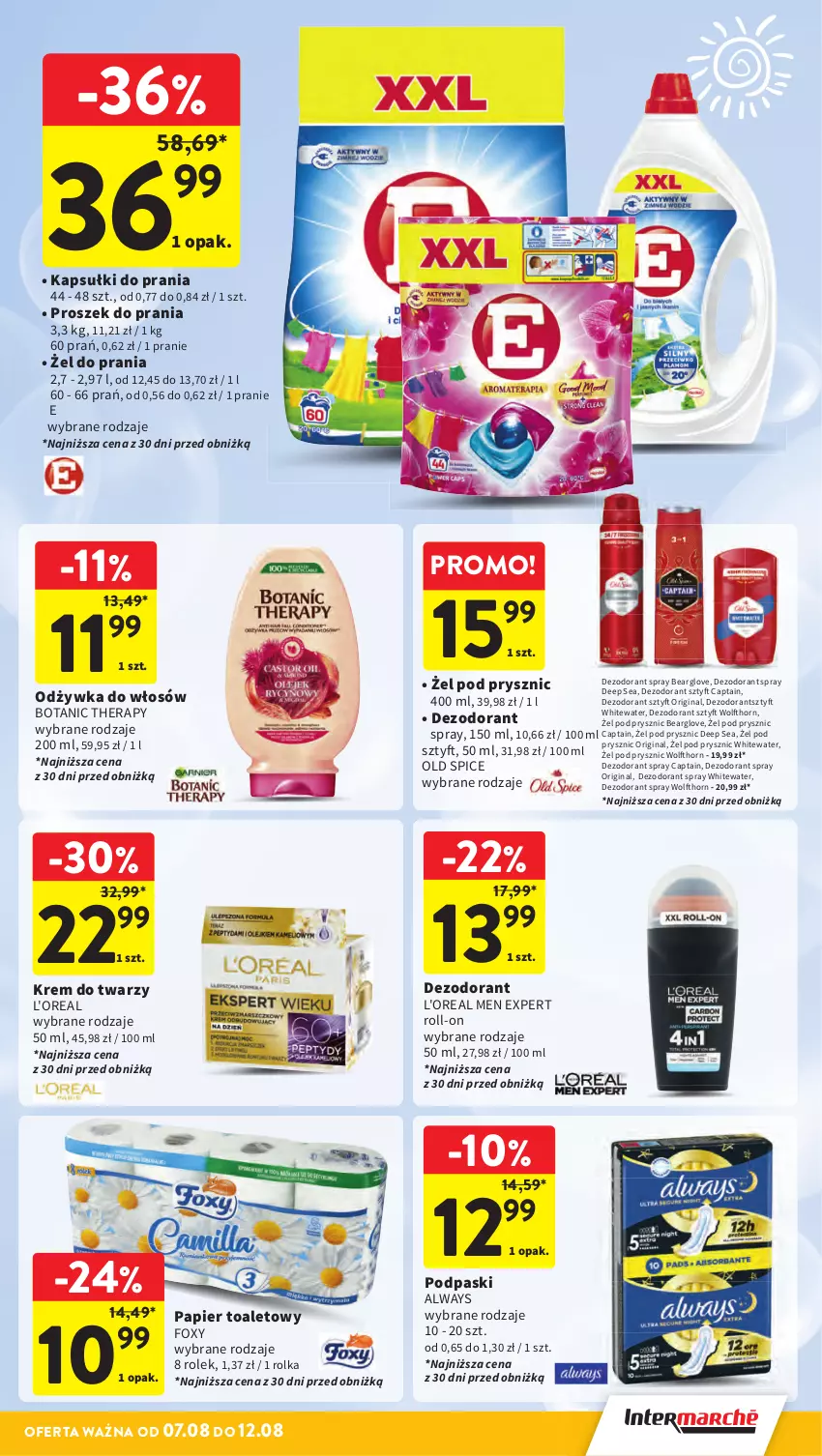 Gazetka promocyjna Intermarche - Gazetka Intermarche - ważna 07.08 do 12.08.2025 - strona 35 - produkty: Always, Dezodorant, Foxy, Gin, Kapsułki do prania, Krem do twarzy, Odżywka, Old Spice, Papier, Papier toaletowy, Podpaski, Proszek do prania