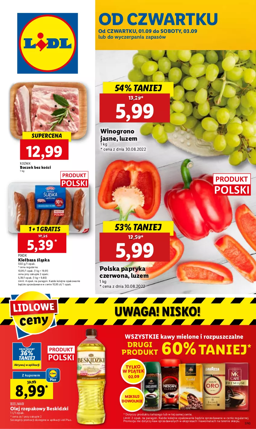 Gazetka promocyjna Lidl - GAZETKA - ważna 01.09 do 03.09.2022 - strona 1 - produkty: Beskidzki, Boczek, Boczek bez kości, Gra, Kiełbasa, Kiełbasa śląska, Olej, Olej rzepakowy, Papryka, Papryka czerwona, PIKOK, Waga, Wino