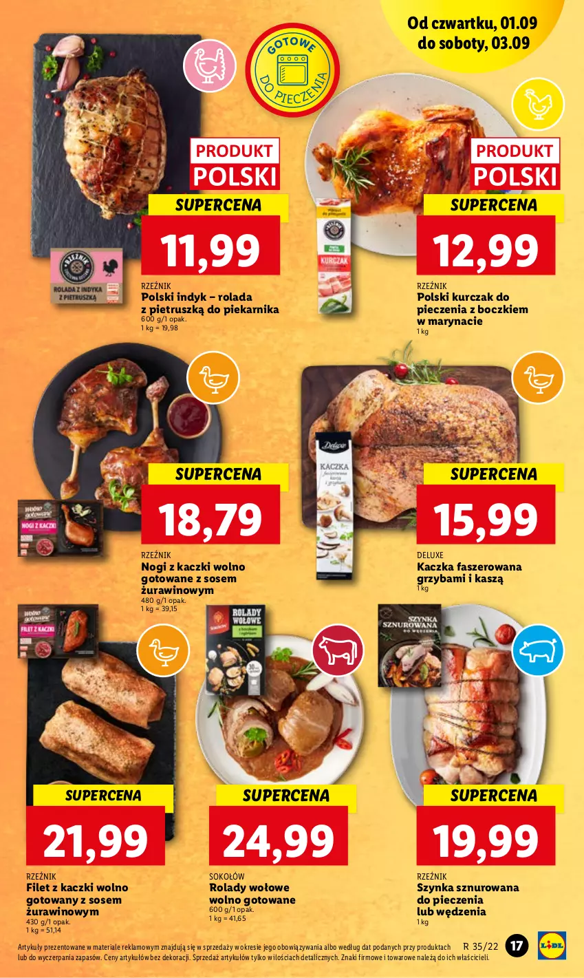 Gazetka promocyjna Lidl - GAZETKA - ważna 01.09 do 03.09.2022 - strona 17 - produkty: Fa, Kaczka, Kaczka faszerowana, Kurczak, Piec, Piekarnik, Rolada, Sok, Sokołów, Sos, Szynka, Wino