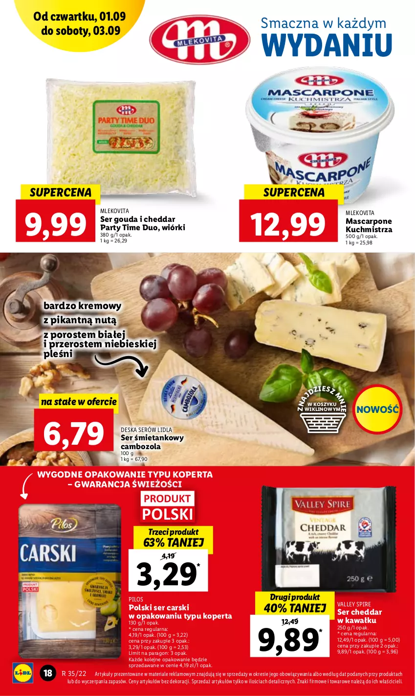 Gazetka promocyjna Lidl - GAZETKA - ważna 01.09 do 03.09.2022 - strona 18 - produkty: Cars, Cheddar, Deska serów, Gouda, Kawa, Kosz, Mascarpone, Mleko, Mlekovita, Olej, Pilos, Por, Ser