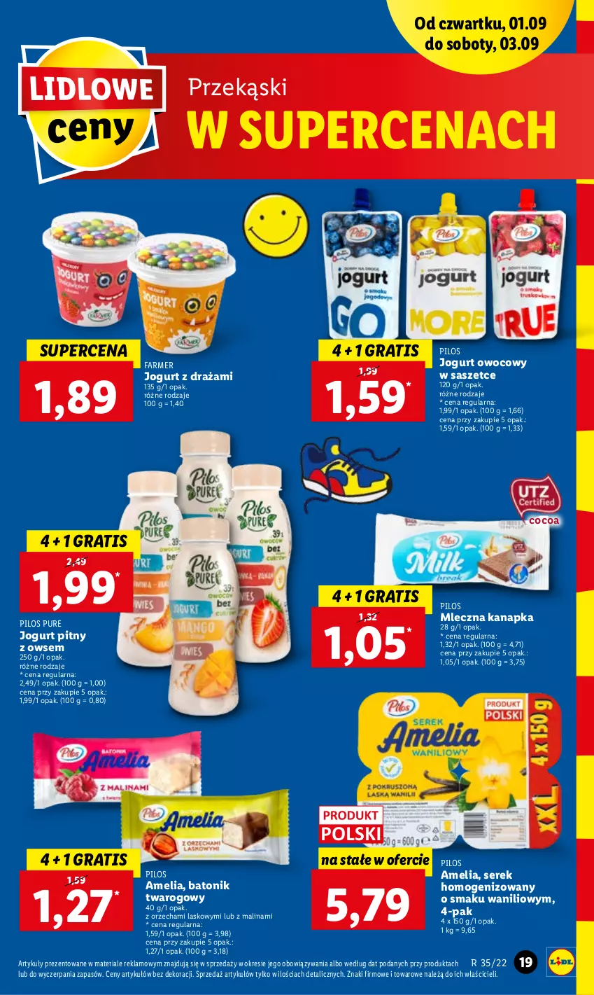 Gazetka promocyjna Lidl - GAZETKA - ważna 01.09 do 03.09.2022 - strona 19 - produkty: Baton, Batonik twarogowy, Fa, Gra, Jogurt, Jogurt owocowy, Jogurt pitny, Mleczna kanapka, Pilos, Pur, Ser, Serek, Serek homogenizowany, Tonik