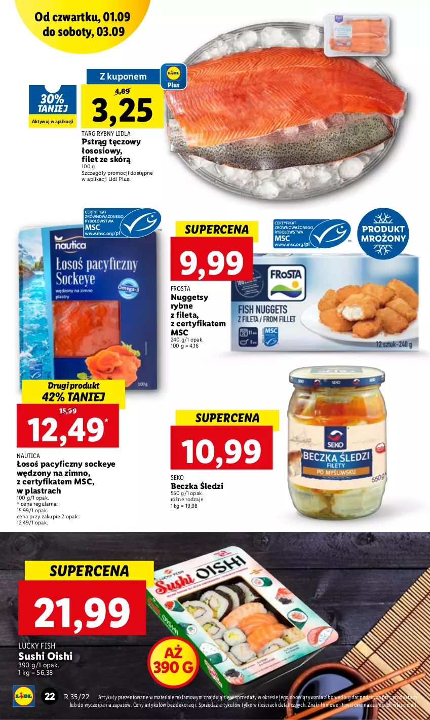 Gazetka promocyjna Lidl - GAZETKA - ważna 01.09 do 03.09.2022 - strona 22 - produkty: Frosta, Pstrąg, Pstrąg tęczowy, SEKO, Sos, Sushi