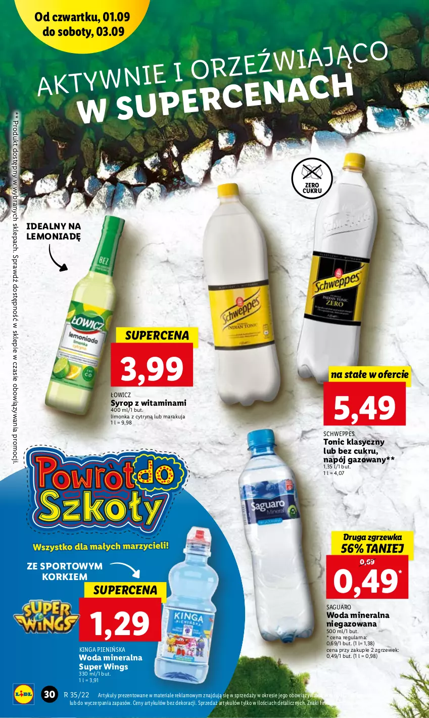 Gazetka promocyjna Lidl - GAZETKA - ważna 01.09 do 03.09.2022 - strona 30 - produkty: Limonka, Napój, Napój gazowany, Por, Schweppes, Sport, Super wings, Syrop, Woda, Woda mineralna