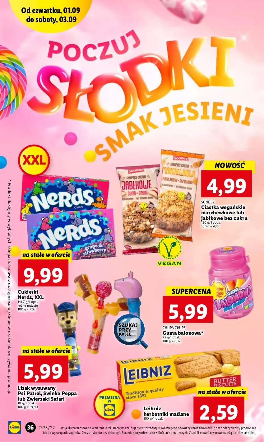 Gazetka promocyjna Lidl - GAZETKA - ważna 01.09 do 03.09.2022 - strona 36 - produkty: Chupa Chups, Ciastka, Cukier, Cukierki, Fa, Herbatniki, Inka, Psi Patrol