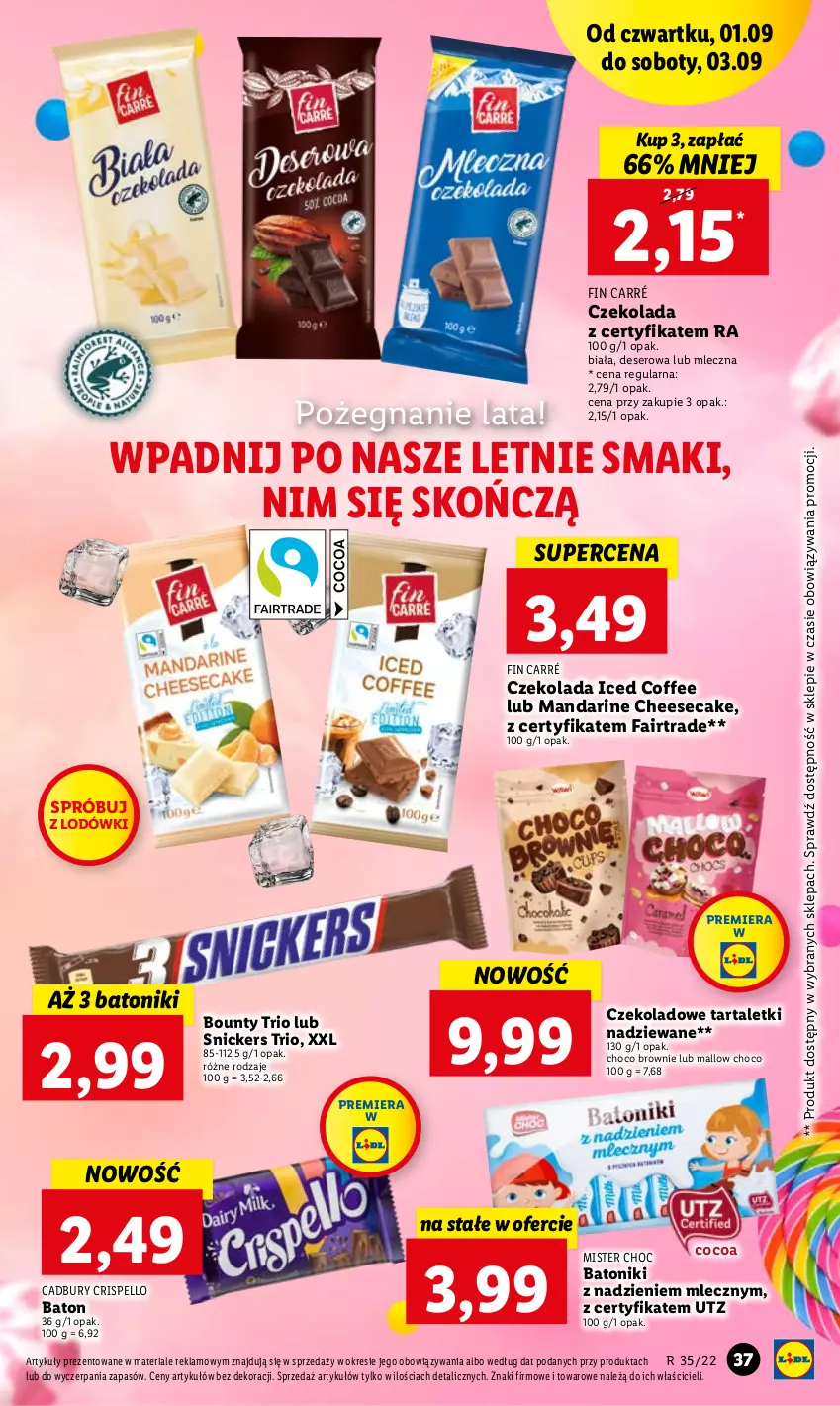 Gazetka promocyjna Lidl - GAZETKA - ważna 01.09 do 03.09.2022 - strona 37 - produkty: Baton, Bounty, Brownie, Czekolada, Deser, Fa, O nas, Ser, Snickers, Tarta, Tonik