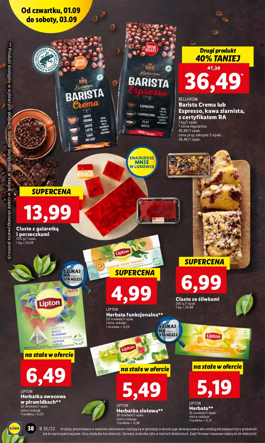 Gazetka promocyjna Lidl - GAZETKA - ważna 01.09 do 03.09.2022 - strona 38 - produkty: Bell, Bella, Ciasto z galaretką, Gala, Herbata, Kawa, Kawa ziarnista, Lipton, Por, Torebka