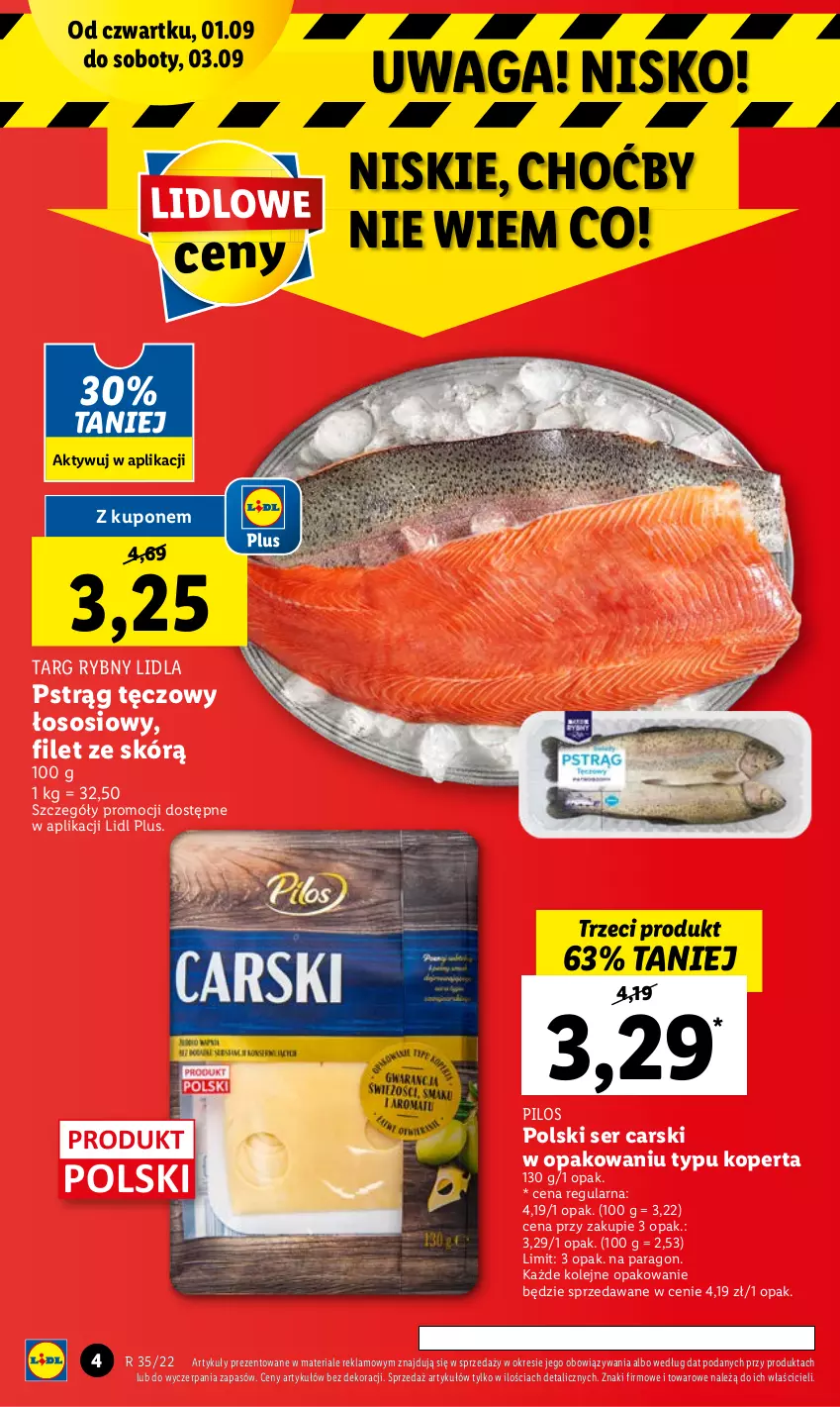 Gazetka promocyjna Lidl - GAZETKA - ważna 01.09 do 03.09.2022 - strona 4 - produkty: Cars, Olej, Pilos, Pstrąg, Pstrąg tęczowy, Ser, Sos, Waga