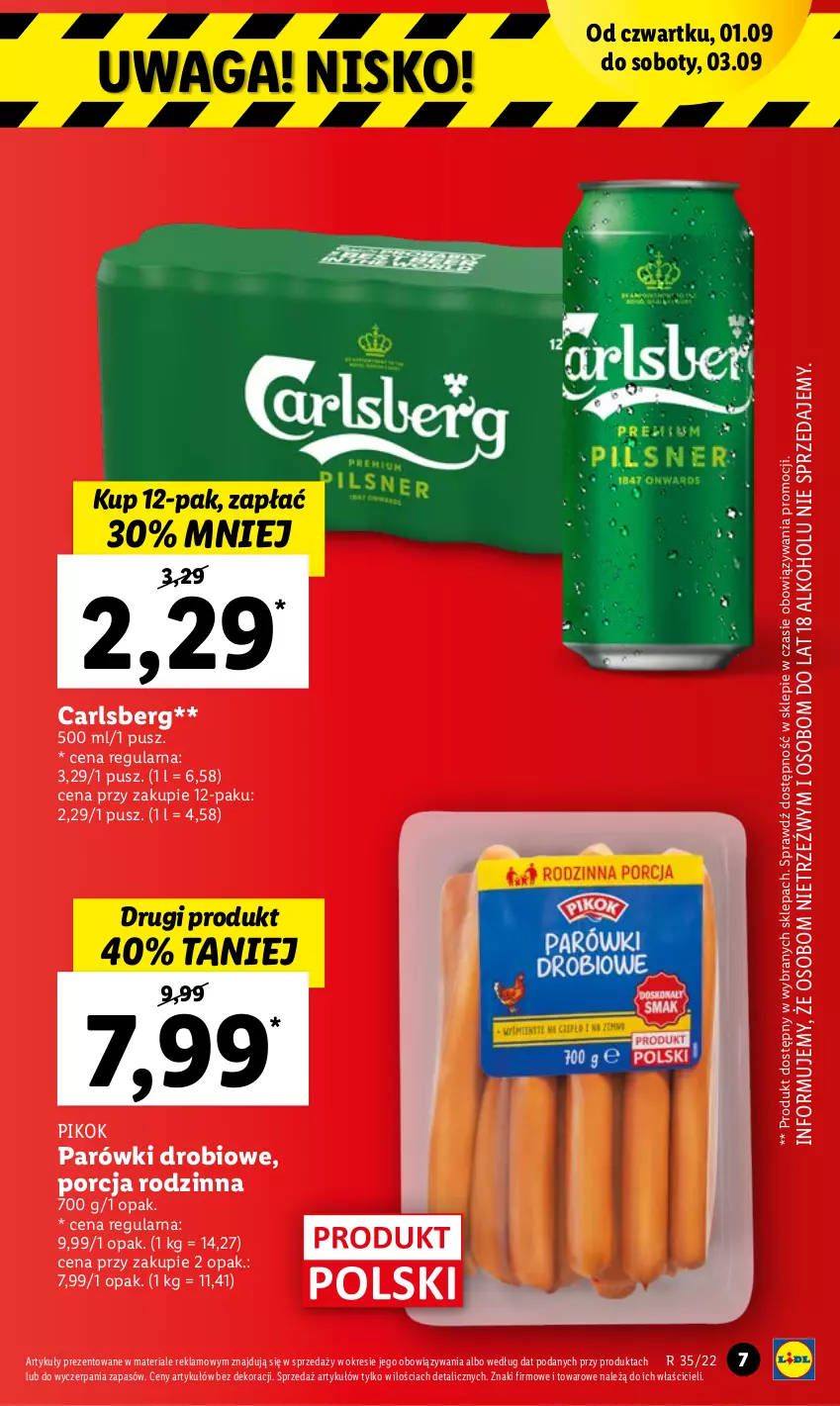 Gazetka promocyjna Lidl - GAZETKA - ważna 01.09 do 03.09.2022 - strona 7 - produkty: Carlsberg, Parówki, PIKOK, Por, Waga