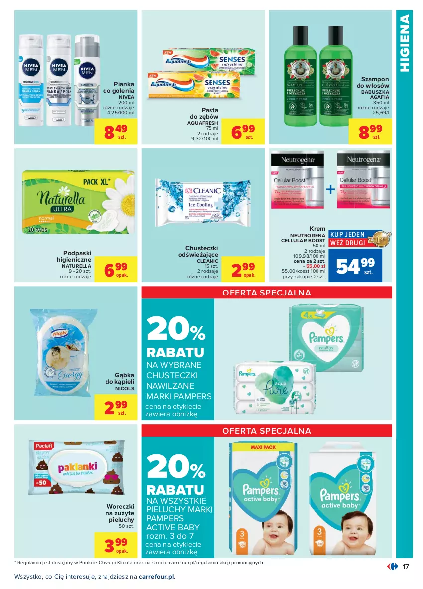 Gazetka promocyjna Carrefour - Gazetka Carrefour - ważna 12.07 do 24.07.2021 - strona 17 - produkty: Aquafresh, Chusteczki, Cleanic, Kosz, Naturell, Naturella, Neutrogena, Nicols, Nivea, Pampers, Pasta do zębów, Pianka do golenia, Pieluchy, Podpaski, Szampon