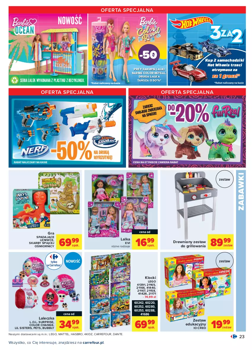 Gazetka promocyjna Carrefour - Gazetka Carrefour - ważna 12.07 do 24.07.2021 - strona 23 - produkty: Barbie, Chodzik, Gra, Grill, Hasbro, Hot Wheels, Klocki, L.O.L., Lalka, LEGO, Mattel, Samochodziki, Ser