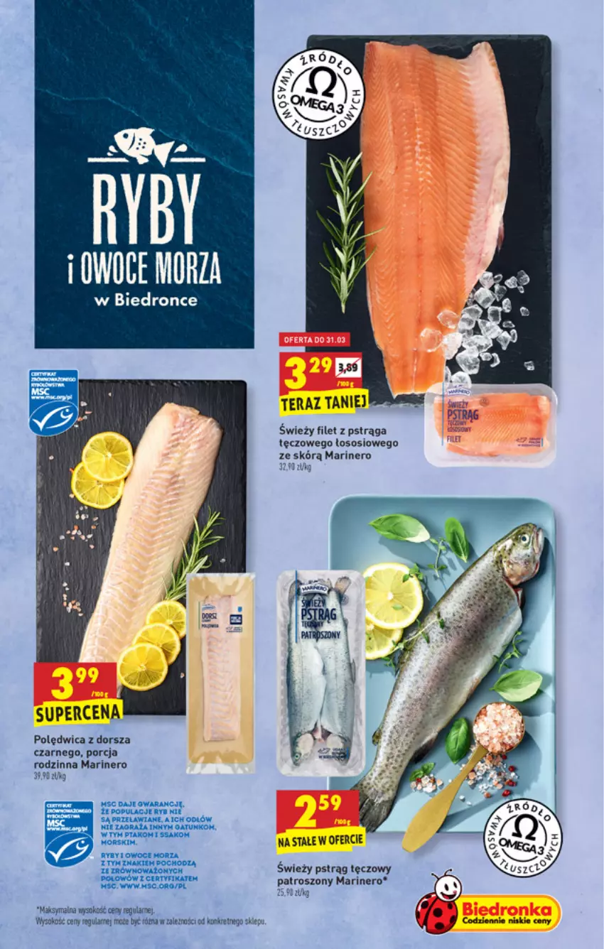 Gazetka promocyjna Biedronka - W tym tygodniu PN - ważna 29.03 do 03.04.2021 - strona 9 - produkty: Dorsz, Dron, Filet z pstrąga, Gra, Polędwica, Por, Pstrąg, Pstrąg tęczowy, Sok, Sos, Tera