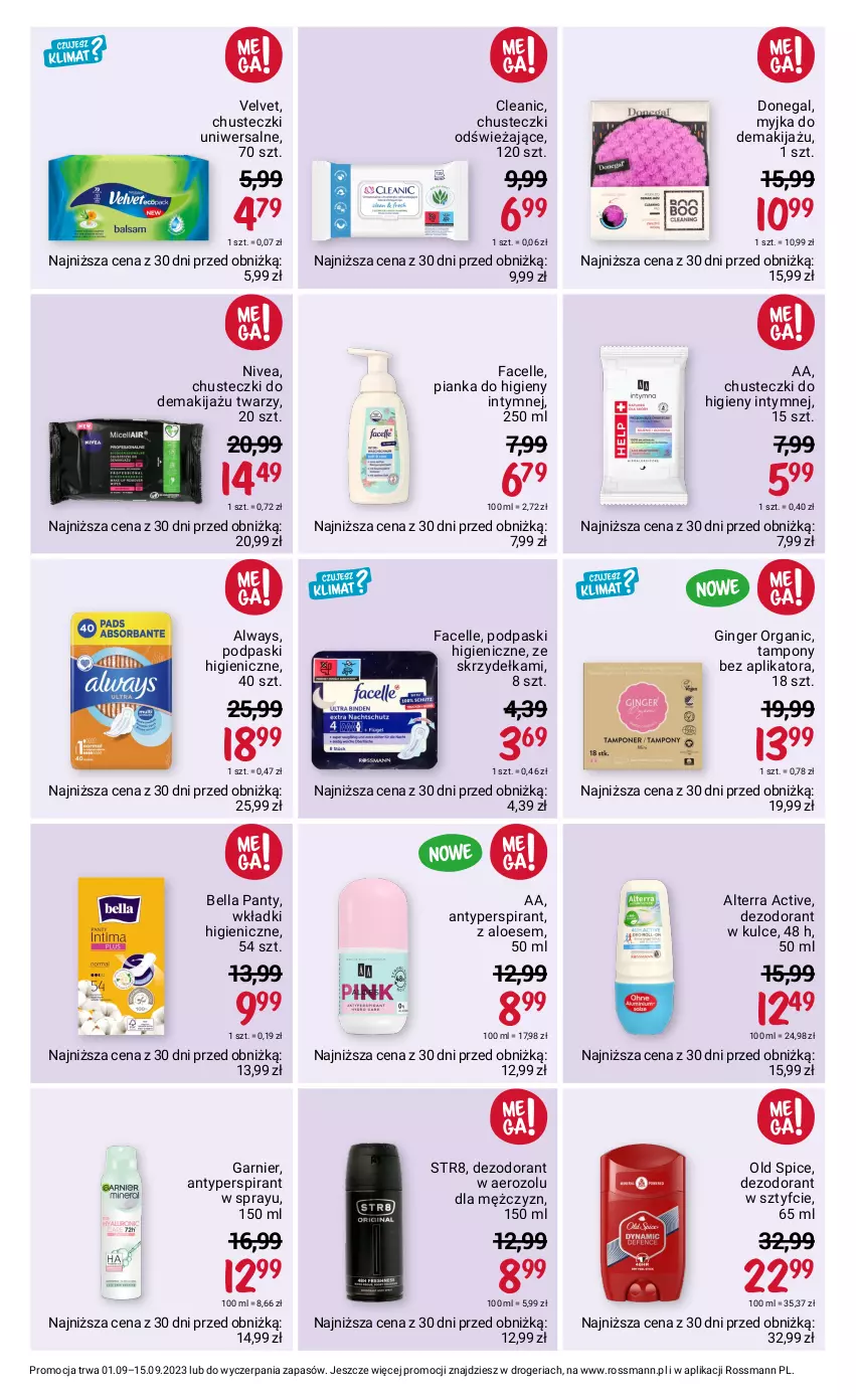 Gazetka promocyjna Rossmann - 1 września - ważna 01.09 do 15.09.2023 - strona 4 - produkty: Alterra, Always, Antyperspirant, Bell, Bella, Chusteczki, Chusteczki do higieny, Cleanic, Dezodorant, Fa, Facelle, Garnier, Gin, Makijaż, Nivea, Old Spice, Podpaski, Str8, Tampony, Velvet, Wkładki