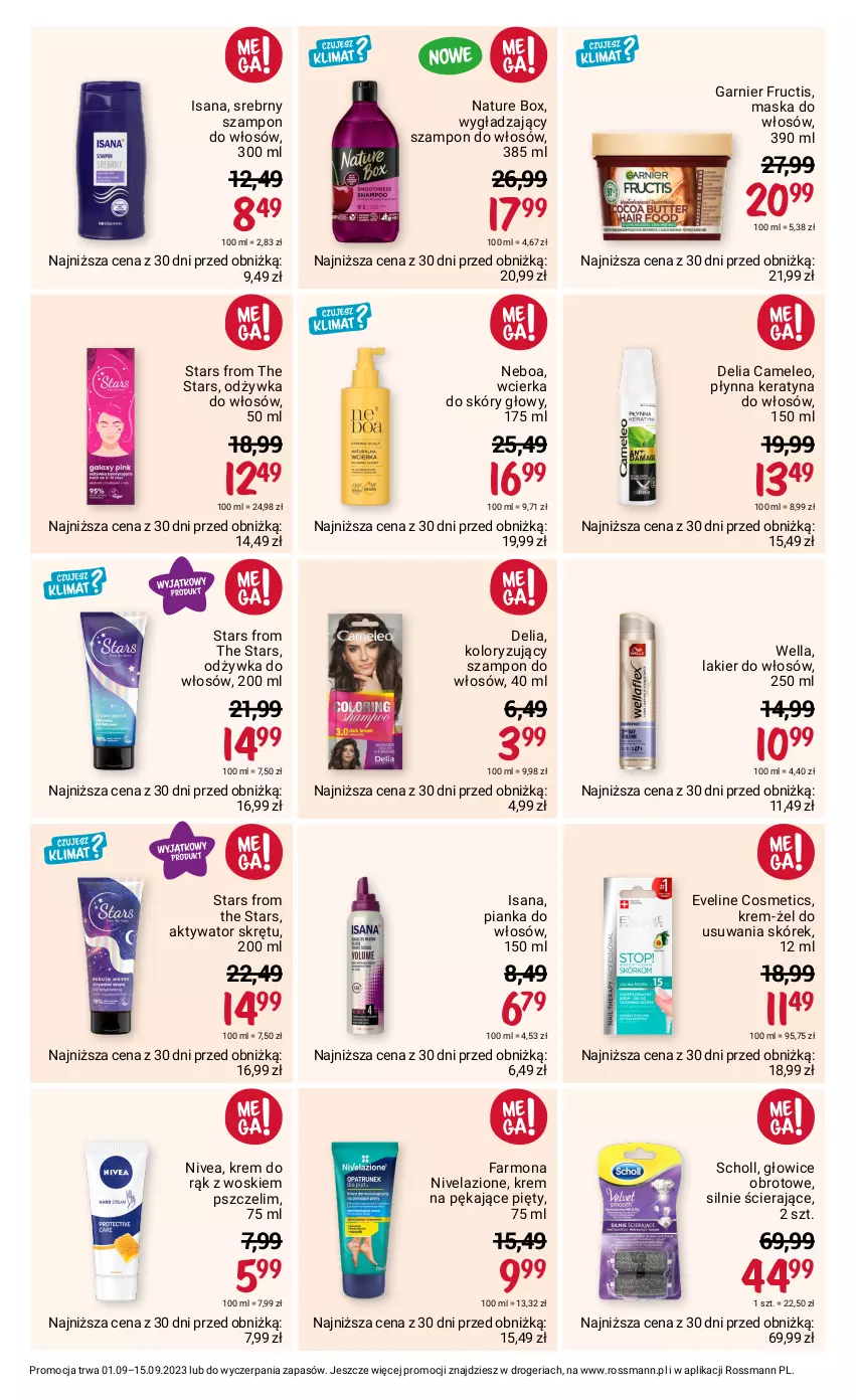 Gazetka promocyjna Rossmann - 1 września - ważna 01.09 do 15.09.2023 - strona 6 - produkty: Eleo, Eveline, Fa, Fructis, Garnier, Isana, Krem do rąk, Lakier, Lakier do włosów, Maska, Maska do włosów, Nature Box, Nivea, Nivelazione, Odżywka, Pianka do włosów, Scholl, Szampon, Wella