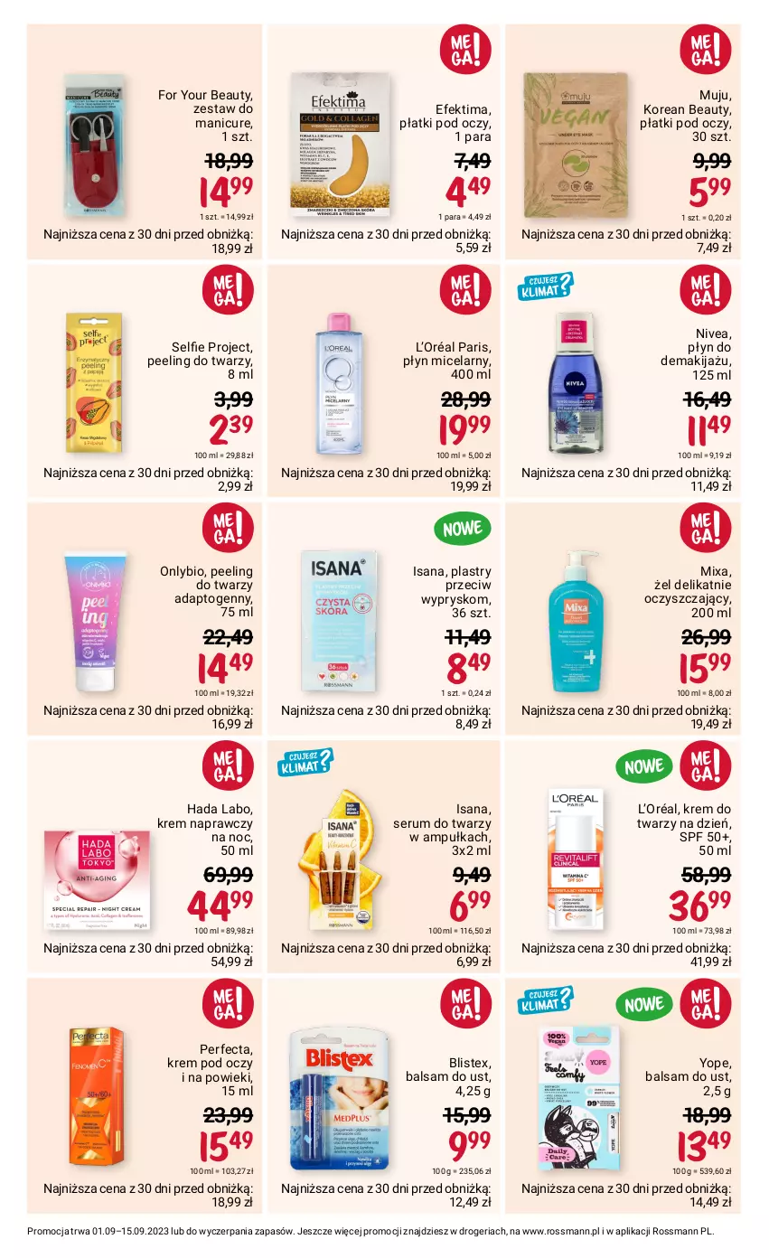 Gazetka promocyjna Rossmann - 1 września - ważna 01.09 do 15.09.2023 - strona 7 - produkty: Balsam do ust, For Your Beauty, Isana, Krem do twarzy, Krem pod oczy, L’Oréal, Makijaż, Mixa, Nivea, Peeling, Perfecta, Płyn micelarny, Rum, Ser, Serum, Serum do twarzy, Yope