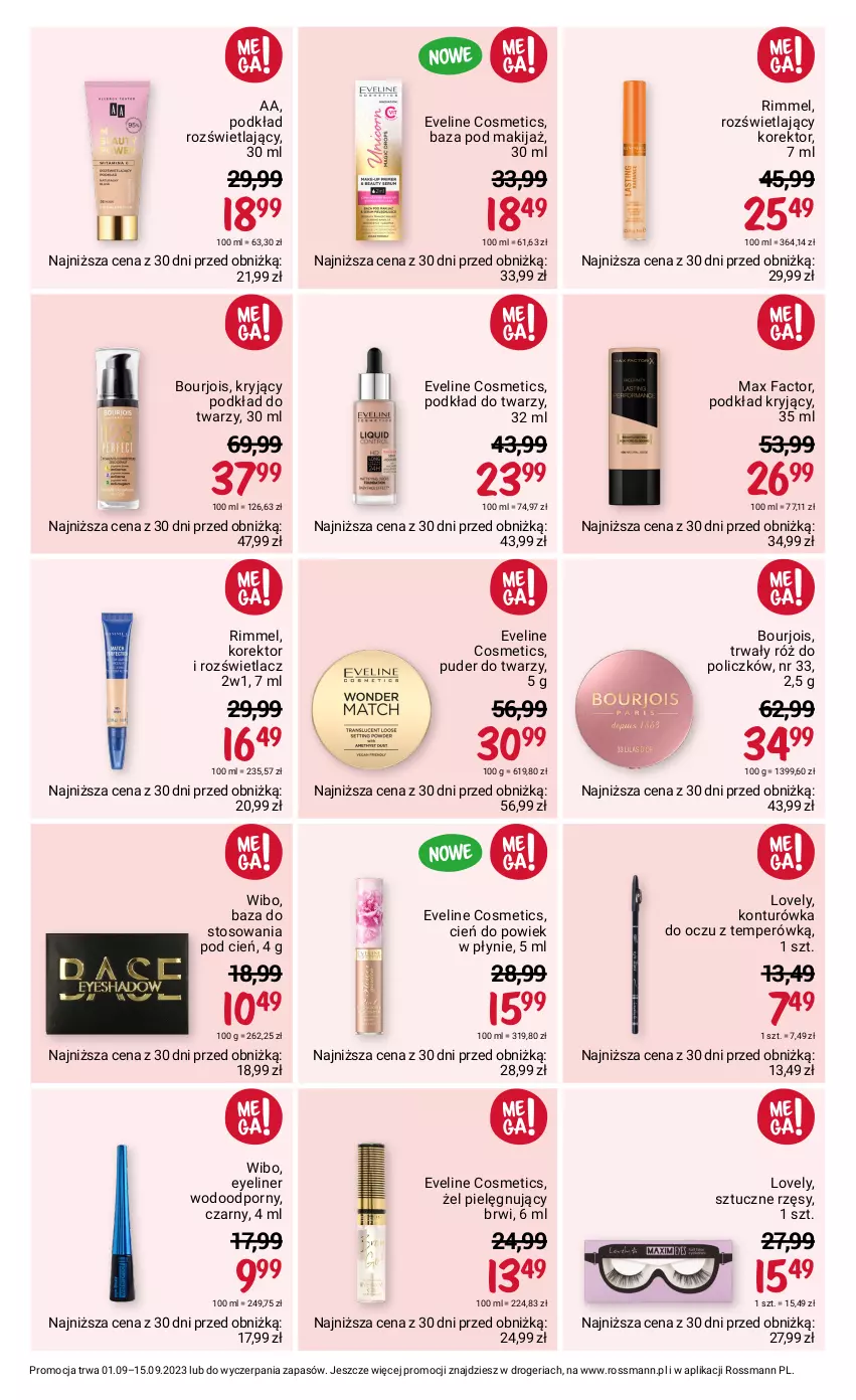 Gazetka promocyjna Rossmann - 1 września - ważna 01.09 do 15.09.2023 - strona 8 - produkty: Bourjois, Cień, Eveline, Fa, Konturówka do oczu, Lovely, Makijaż, Max Factor, Podkład, Podkład do twarzy, Por, Puder, Puder do twarzy, Róż do policzków, Rozświetlacz, Sztuczne rzęsy, Wibo