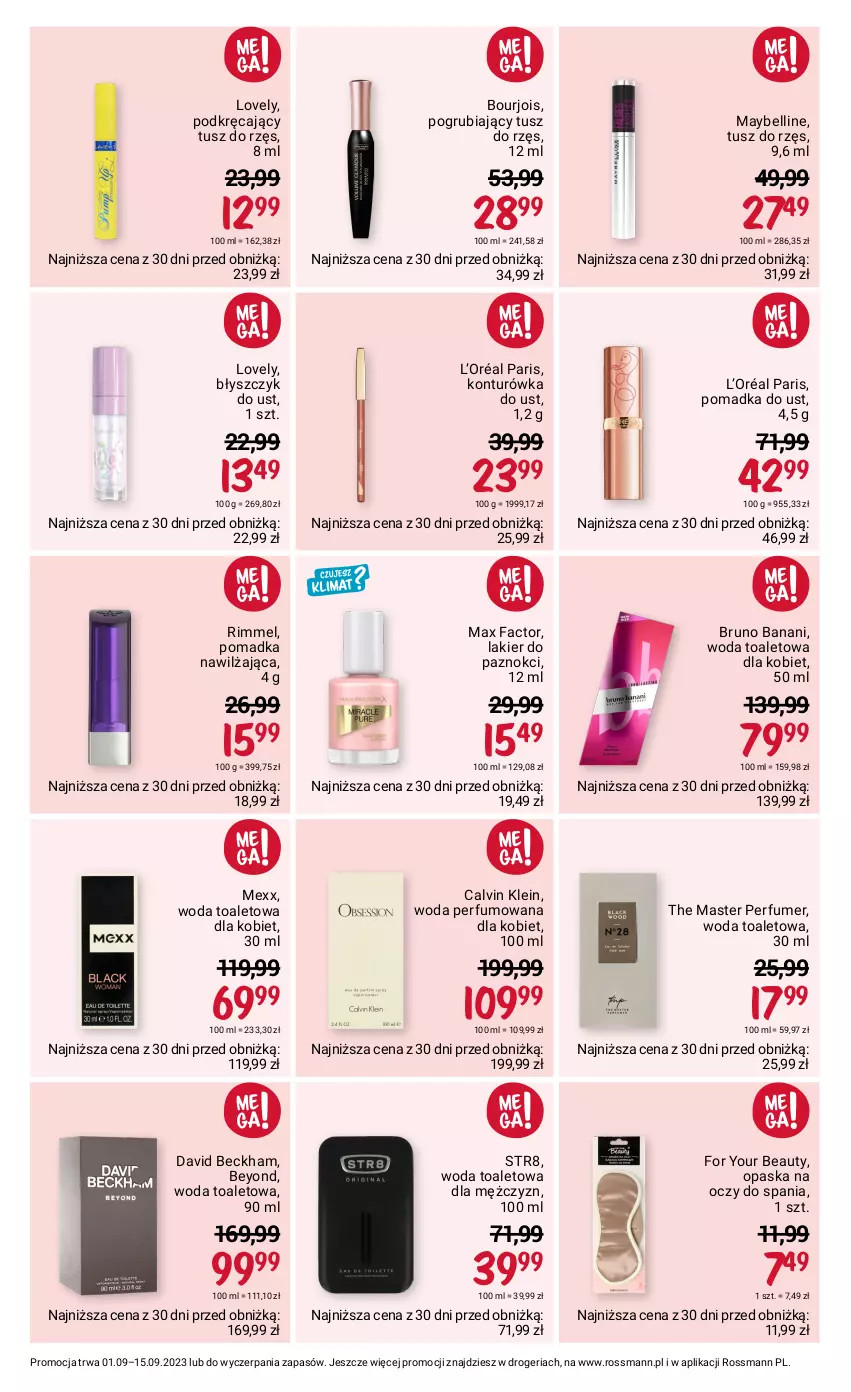 Gazetka promocyjna Rossmann - 1 września - ważna 01.09 do 15.09.2023 - strona 9 - produkty: Bell, Błyszczyk do ust, Bourjois, Bruno Banani, Calvin Klein, David Beckham, Fa, For Your Beauty, Konturówka do ust, L’Oréal, Lakier, Lakier do paznokci, Lovely, Max Factor, Maybelline, Mexx, Opaska, Opaska na oczy, Perfum, Str8, Tusz, Woda, Woda perfumowana, Woda toaletowa