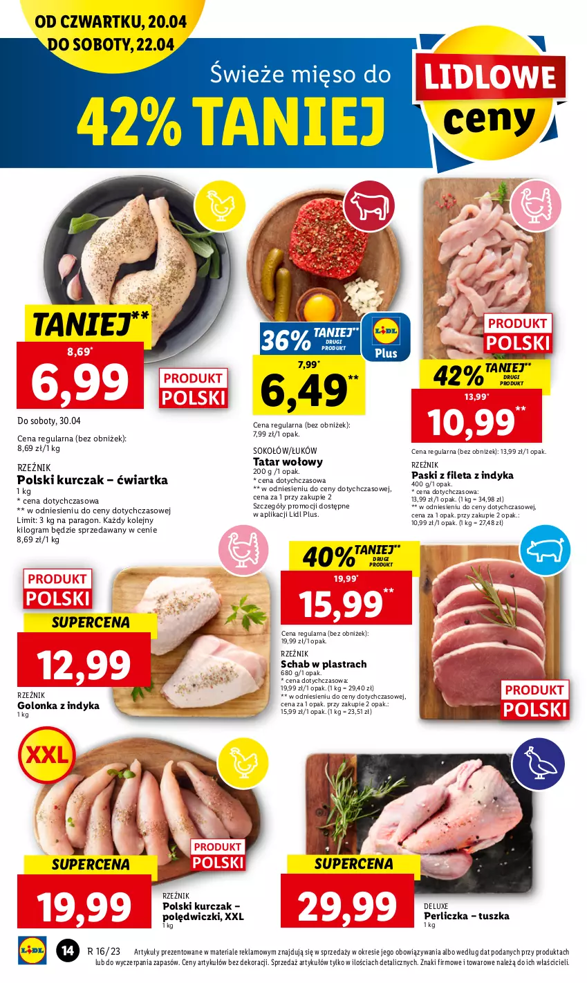 Gazetka promocyjna Lidl - GAZETKA - ważna 20.04 do 22.04.2023 - strona 20 - produkty: Golonka z indyka, Gra, Kurczak, Mięso, Olej, Perliczka, Sok, Sokołów, Tatar wołowy, Tusz