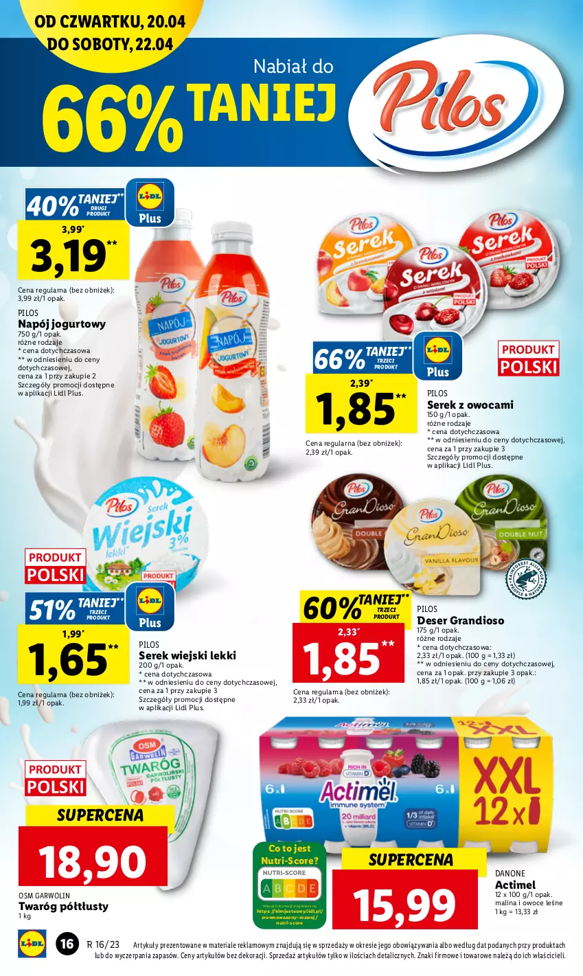 Gazetka promocyjna Lidl - GAZETKA - ważna 20.04 do 22.04.2023 - strona 22 - produkty: Actimel, Danone, Deser, Gra, Jogurt, Napój, Napój jogurtowy, Owoce, Pilos, Ser, Serek, Serek wiejski, Twaróg, Twaróg półtłusty, Wazon