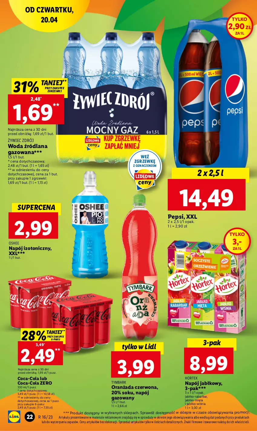 Gazetka promocyjna Lidl - GAZETKA - ważna 20.04 do 22.04.2023 - strona 28 - produkty: Coca-Cola, Hortex, LANA, Mięta, Napój, Napój gazowany, Napój izotoniczny, Oranżada, Oshee, Pepsi, Sok, Tymbark, Woda