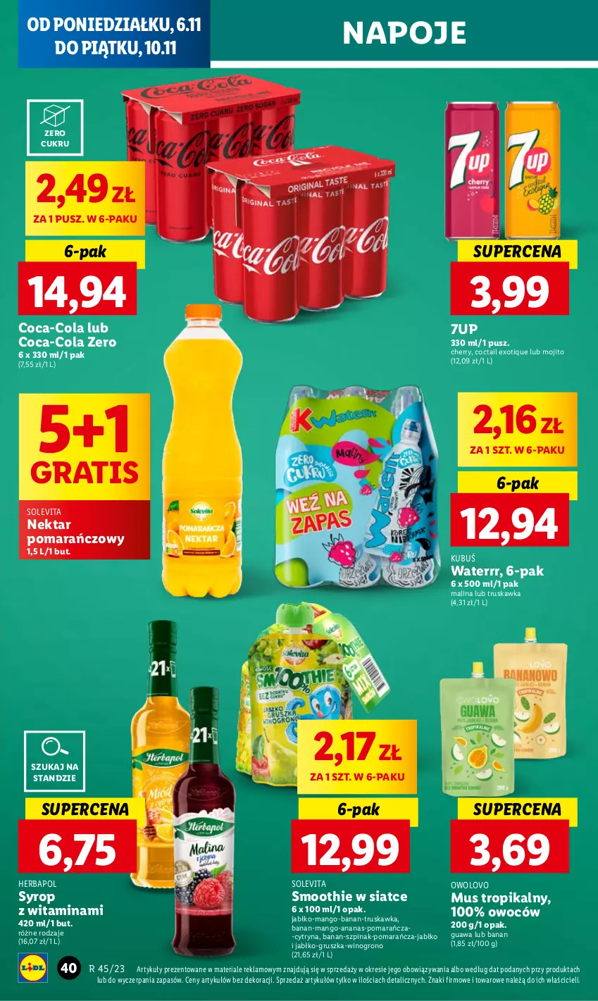 Gazetka promocyjna Lidl - GAZETKA - ważna 06.11 do 08.11.2023 - strona 52 - produkty: 7up, Ananas, Coca-Cola, Gra, Herbapol, Kubuś, Kubuś Waterrr, Mango, Mus, Napoje, Nektar, Smoothie, Syrop, Szpinak, Wino