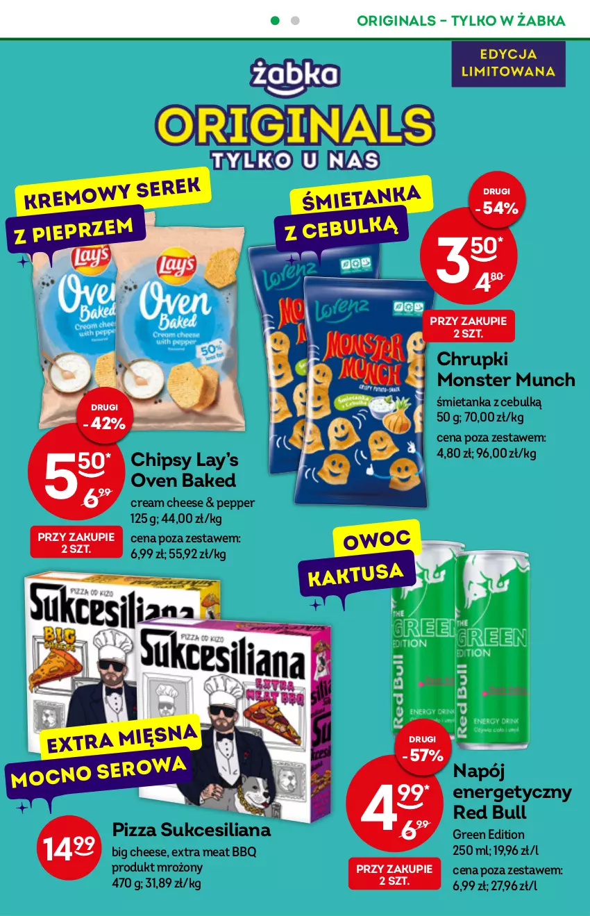 Gazetka promocyjna Żabka - ważna 03.08 do 09.08.2022 - strona 28 - produkty: Chipsy, Chrupki, Gin, Lay’s, Monster Munch, Napój, Napój energetyczny, Pieprz, Pizza, Red Bull, Ser, Serek