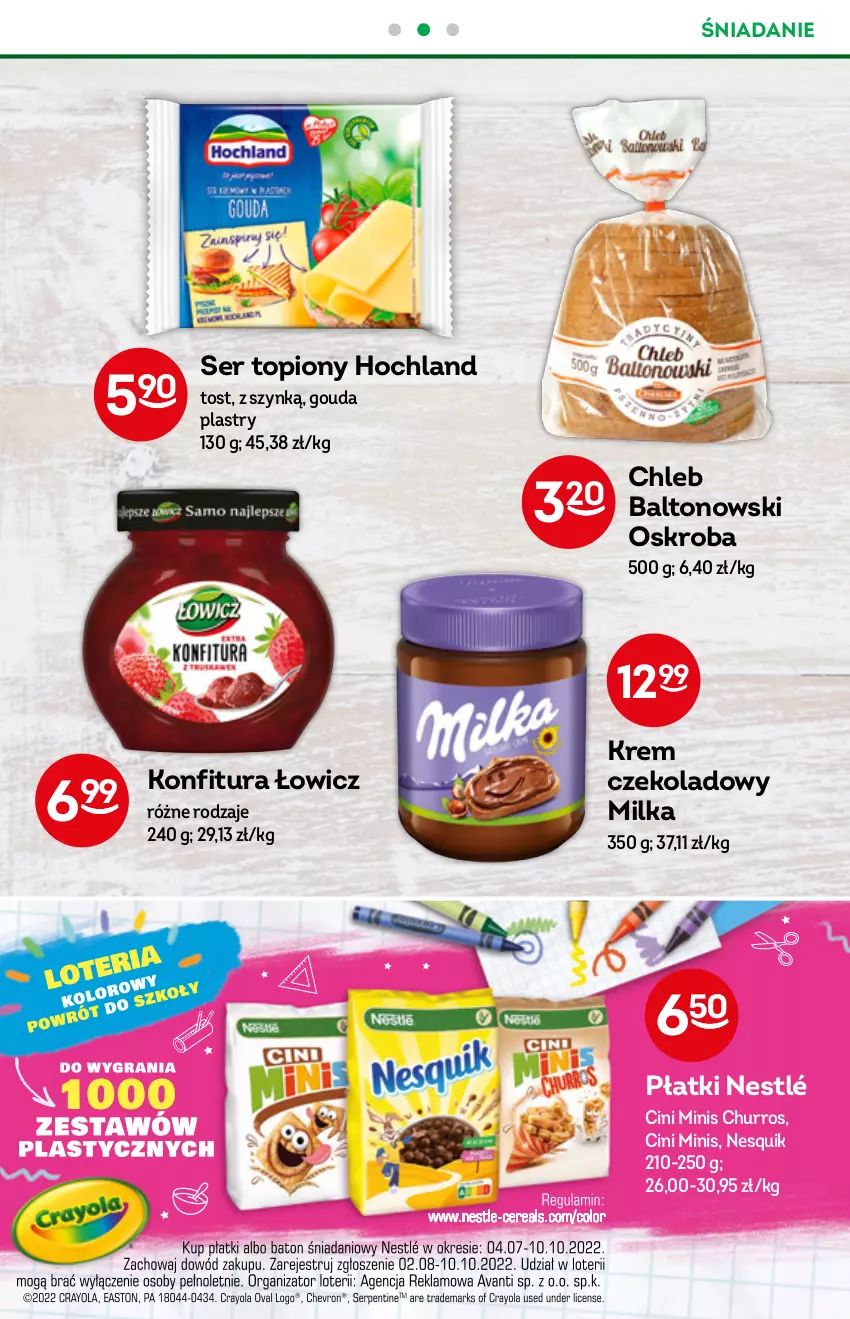 Gazetka promocyjna Żabka - ważna 03.08 do 09.08.2022 - strona 34 - produkty: Chleb, Cini Minis, Gouda, Gouda plastry, Hochland, Konfitura, Milka, Nesquik, Nestlé, Ser, Ser topiony, Top