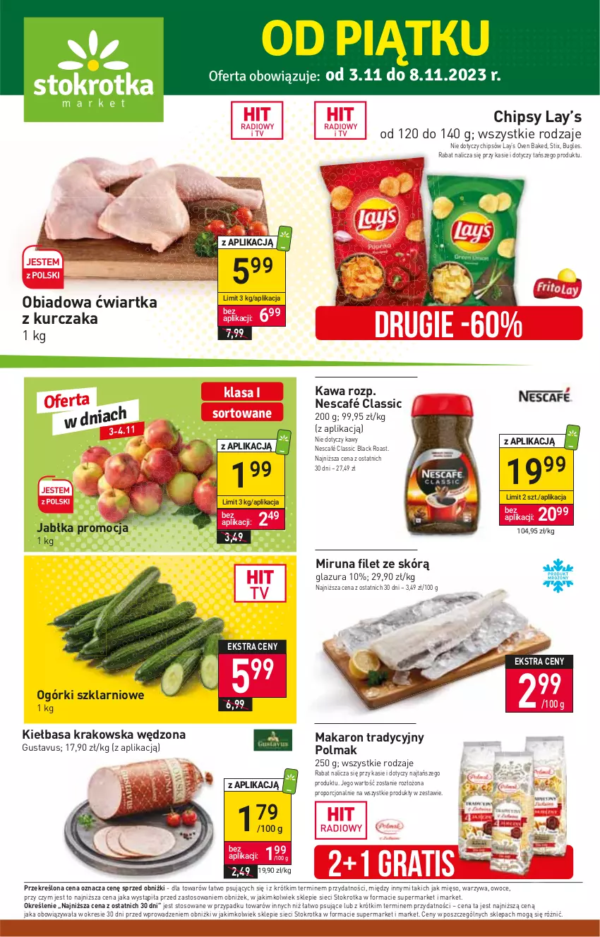 Gazetka promocyjna Stokrotka - Market - ważna 03.11 do 08.11.2023 - strona 1 - produkty: Chipsy, Glazura, Gra, Jabłka, Kawa, Kiełbasa, Kiełbasa krakowska, Kurczak, Lack, Lay’s, Lazur, Makaron, Mięso, Miruna, Nescafé, Olma, Owoce, Por, Warzywa