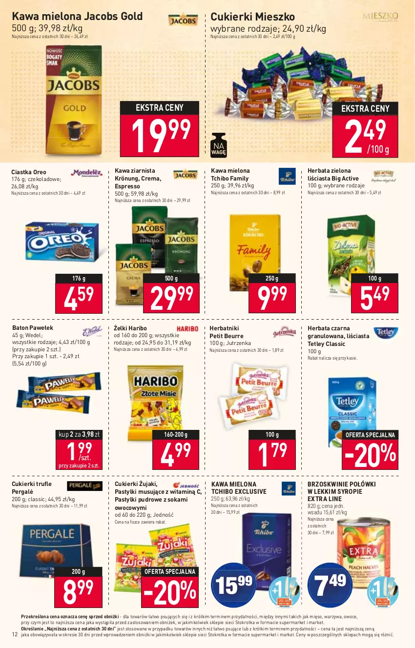 Gazetka promocyjna Stokrotka - Market - ważna 03.11 do 08.11.2023 - strona 14 - produkty: Baton, Ciastka, Cukier, Cukierki, Fa, Gra, Haribo, Herbata, Herbata czarna, Herbatniki, Herbatniki Petit Beurre, Jacobs, Jutrzenka, Kawa, Kawa mielona, Kawa ziarnista, Mięso, Mus, Oreo, Owoce, Pastylki, Sok, Tchibo, Tchibo Family, Tetley, Warzywa