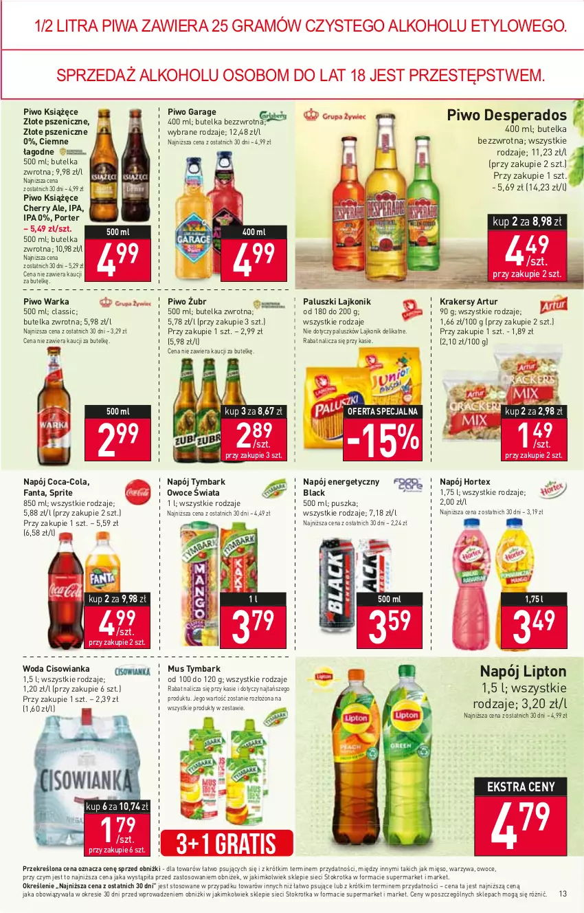 Gazetka promocyjna Stokrotka - Market - ważna 03.11 do 08.11.2023 - strona 15 - produkty: Artur, Cisowianka, Coca-Cola, Desperados, Fa, Fanta, Gra, Hortex, Krakersy, Książęce, Lack, Lajkonik, Lipton, Mięso, Mus, Napój, Napój energetyczny, Owoce, Piwa, Piwo, Por, Sprite, Tymbark, Warka, Warzywa, Woda