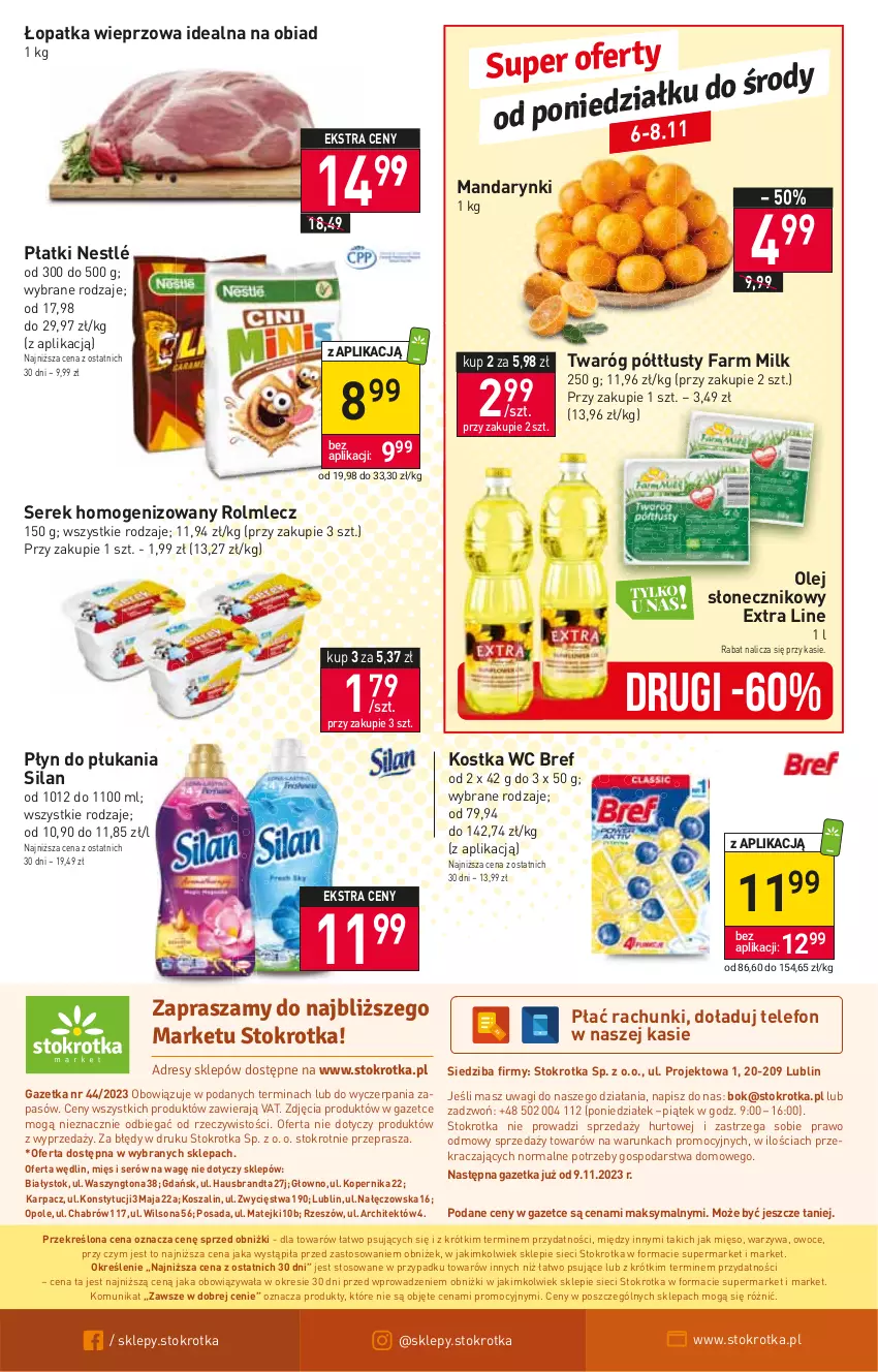 Gazetka promocyjna Stokrotka - Market - ważna 03.11 do 08.11.2023 - strona 18 - produkty: Bref, Fa, Farm Milk, Karp, Kosz, Mandarynki, Mięso, Nestlé, O nas, Olej, Olej słonecznikowy, Owoce, Płyn do płukania, Rolmlecz, Ser, Serek, Serek homogenizowany, Silan, Szal, Telefon, Twaróg, Twaróg półtłusty, Wagi, Warzywa, Wilson