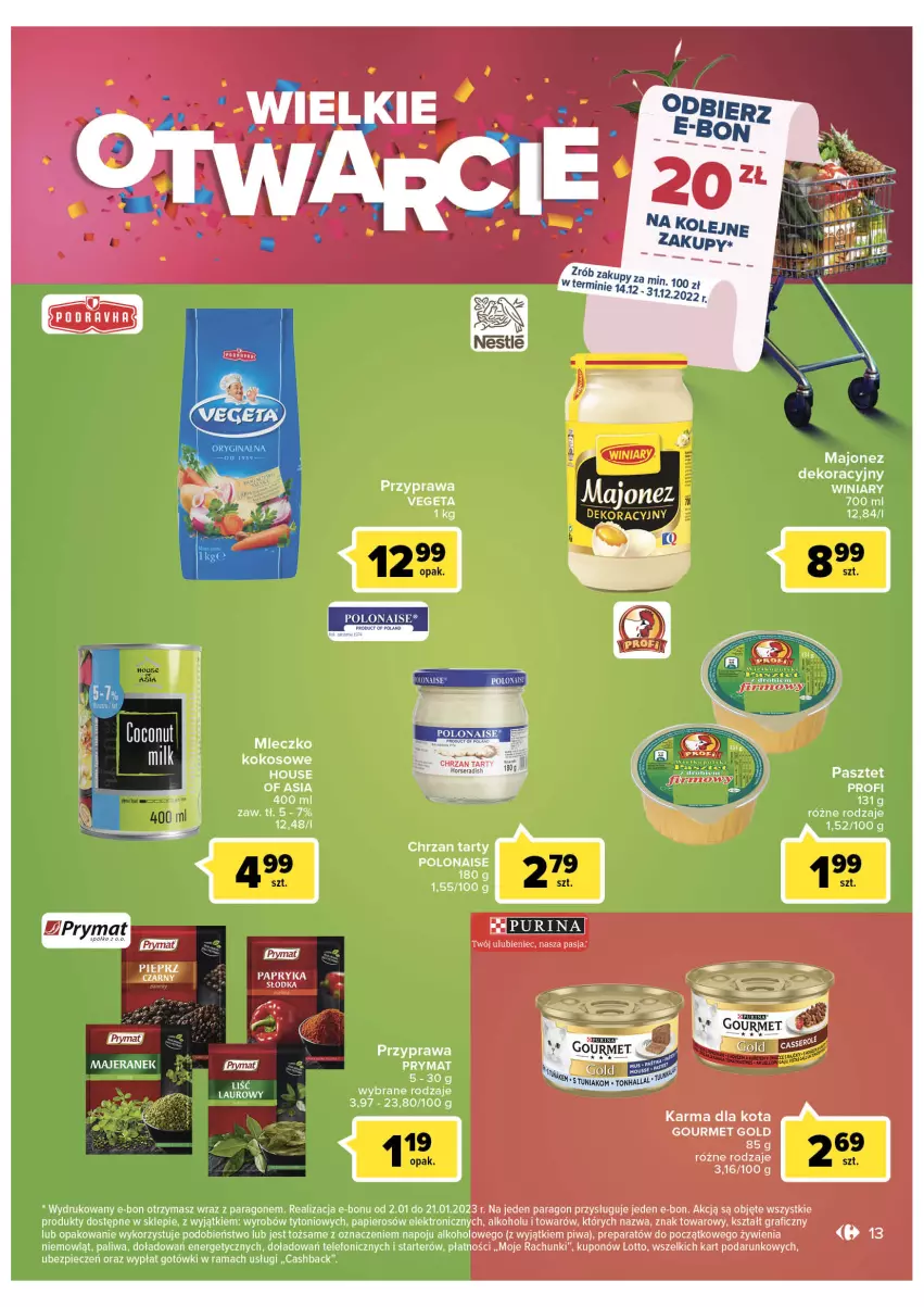 Gazetka promocyjna Carrefour - Gazetka Wielkie otwarcie Gorzow Wielkopolski - ważna 14.12 do 18.12.2022 - strona 13 - produkty: Chrzan, Gourmet Gold, Gra, Kokos, Majonez, Papier, Papryka, Piec, Piwa, Półka, Prymat, Pur, Purina, Rama, Telefon, Winiary