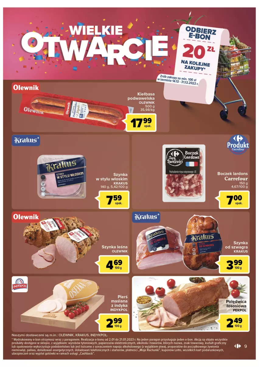 Gazetka promocyjna Carrefour - Gazetka Wielkie otwarcie Gorzow Wielkopolski - ważna 14.12 do 18.12.2022 - strona 9 - produkty: Boczek, Gra, Kiełbasa, Kiełbasa podwawelska, Krakus, LANA, Olewnik, Papier, Pekpol, Piec, Piwa, Polędwica, Rama, Sos, Szynka, Telefon, Wawel