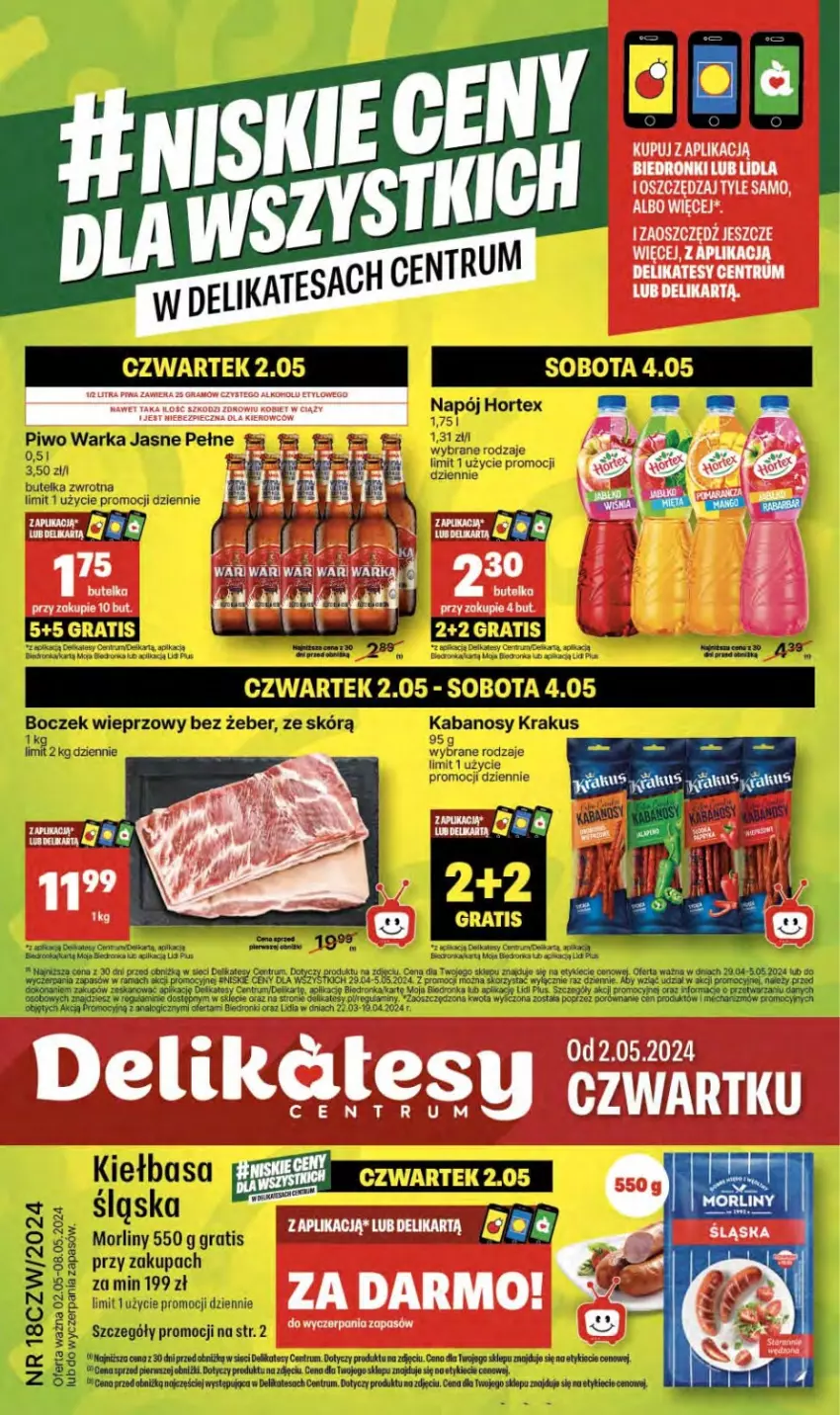 Gazetka promocyjna Delikatesy Centrum - NOWA GAZETKA Delikatesy Centrum od 2 maja! 2-8.05.2024 - ważna 02.05 do 08.05.2024 - strona 1 - produkty: Boczek, Boczek wieprzowy, Dron, Gra, Hortex, Kabanos, Krakus, Morliny, Napój, Orka, Piec, Piwa, Por, Rama, Rum