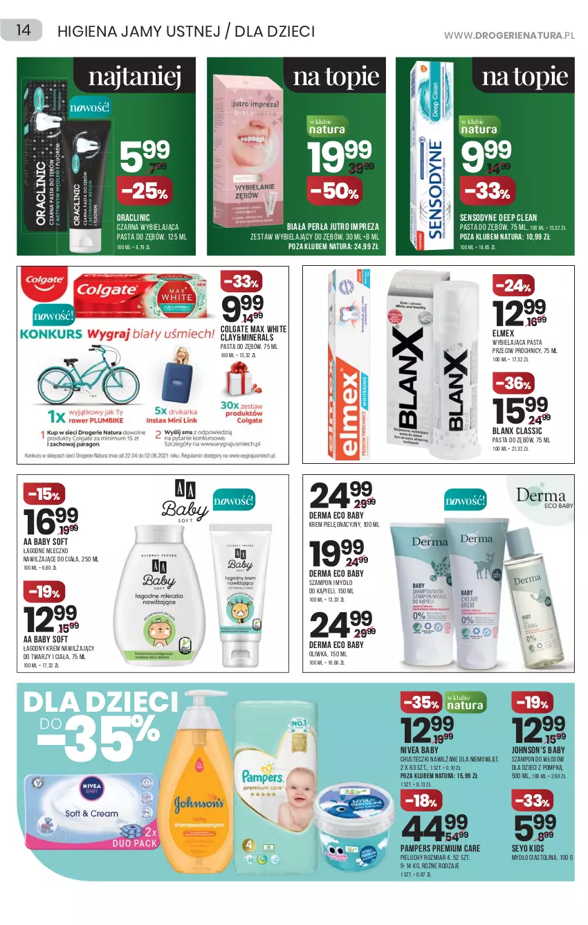 Gazetka promocyjna Drogerie Natura - Gazetka Drogerie Natura - ważna 22.04 do 05.05.2021 - strona 14 - produkty: AA Baby Soft, Chusteczki, Clin, Colgate, Dzieci, Elmex, Krem nawilżający, LG, Mleczko, Mydło, Nivea, Nivea Baby, Pampers, Pasta do zębów, Perła, Pieluchy, Sensodyne, Szampon, Top